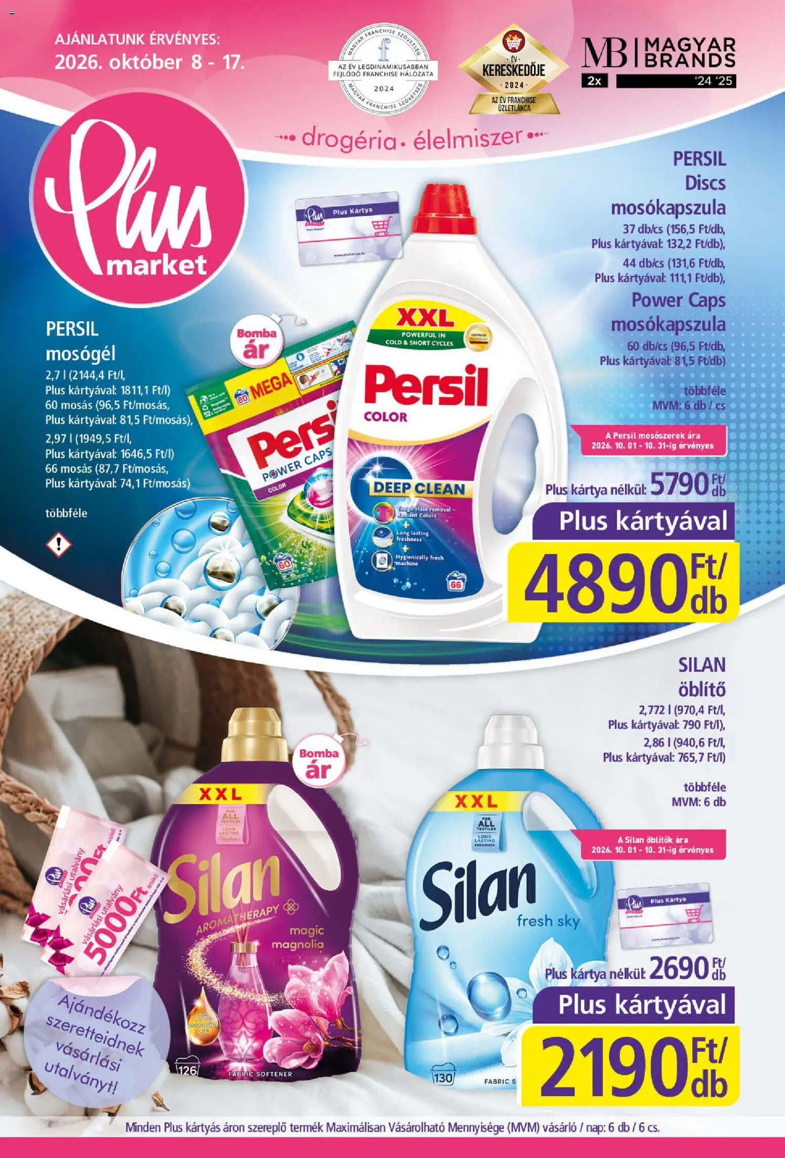 Plus Market akciós ujság - amely érvényes a következő dátumtól: 2026.10.08. | Oldal: 1 | Termékek: Persil, Mosógél, Mosókapszula, Mosószerek