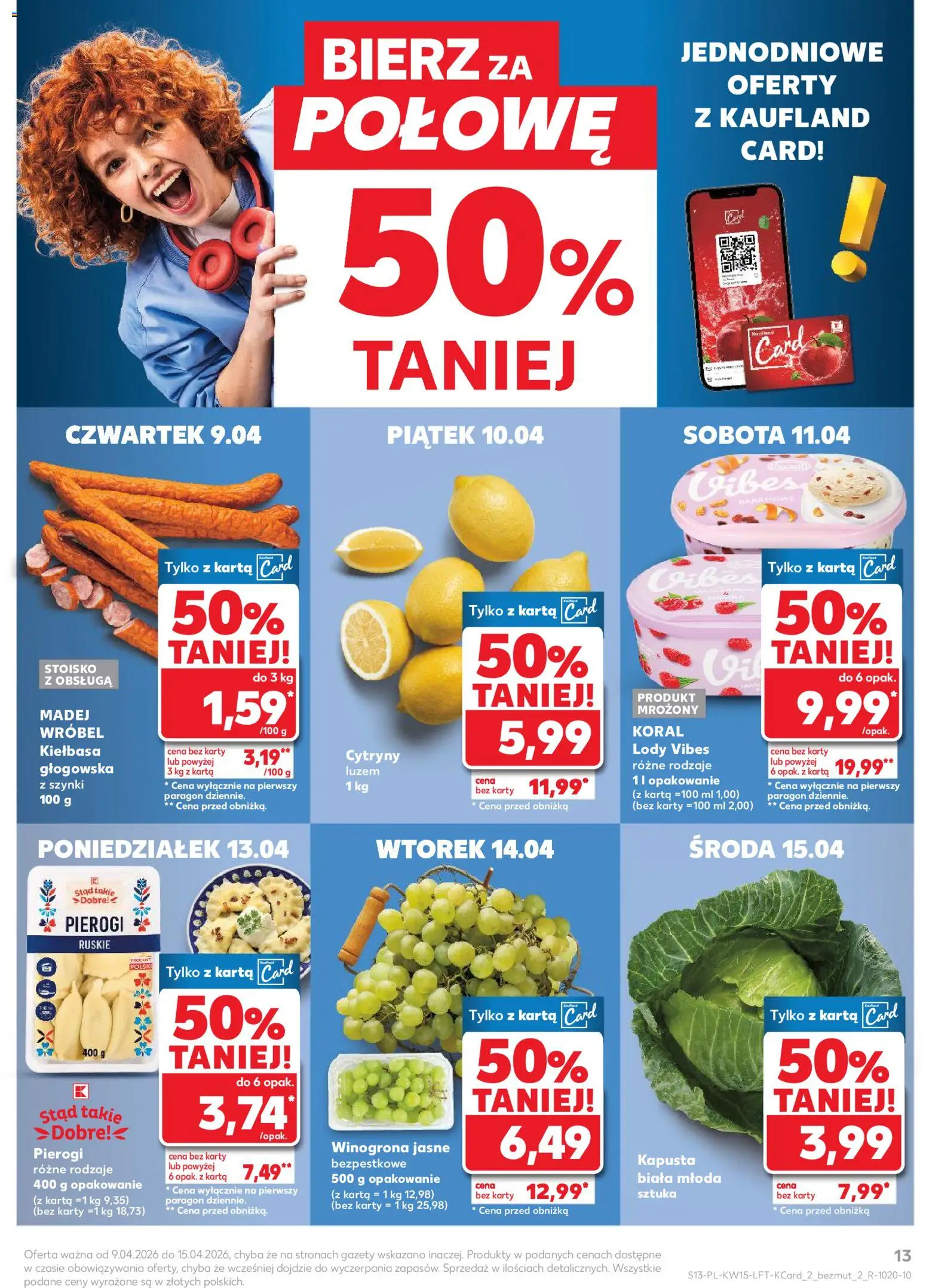 Kaufland gazetka od 09.04.2026 | Strona: 13 | Produkty: Kiełbasa, Kapusta, Karta, Winogrona