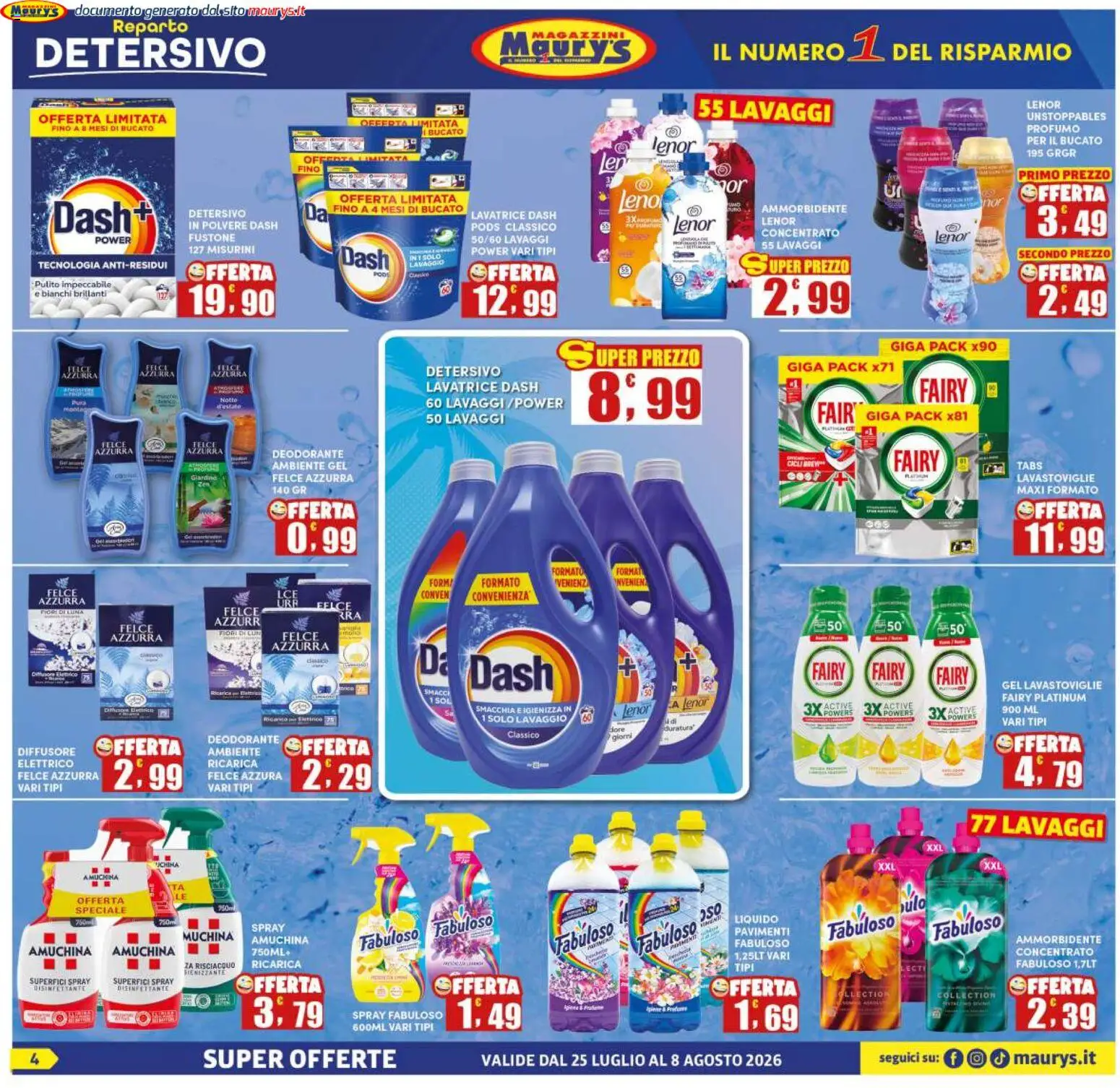 Volantino Maury's del 25/07/2026 | Pagina: 4 | Prodotti: Deodorante, Ammorbidente, Lavastoviglie, Profumo