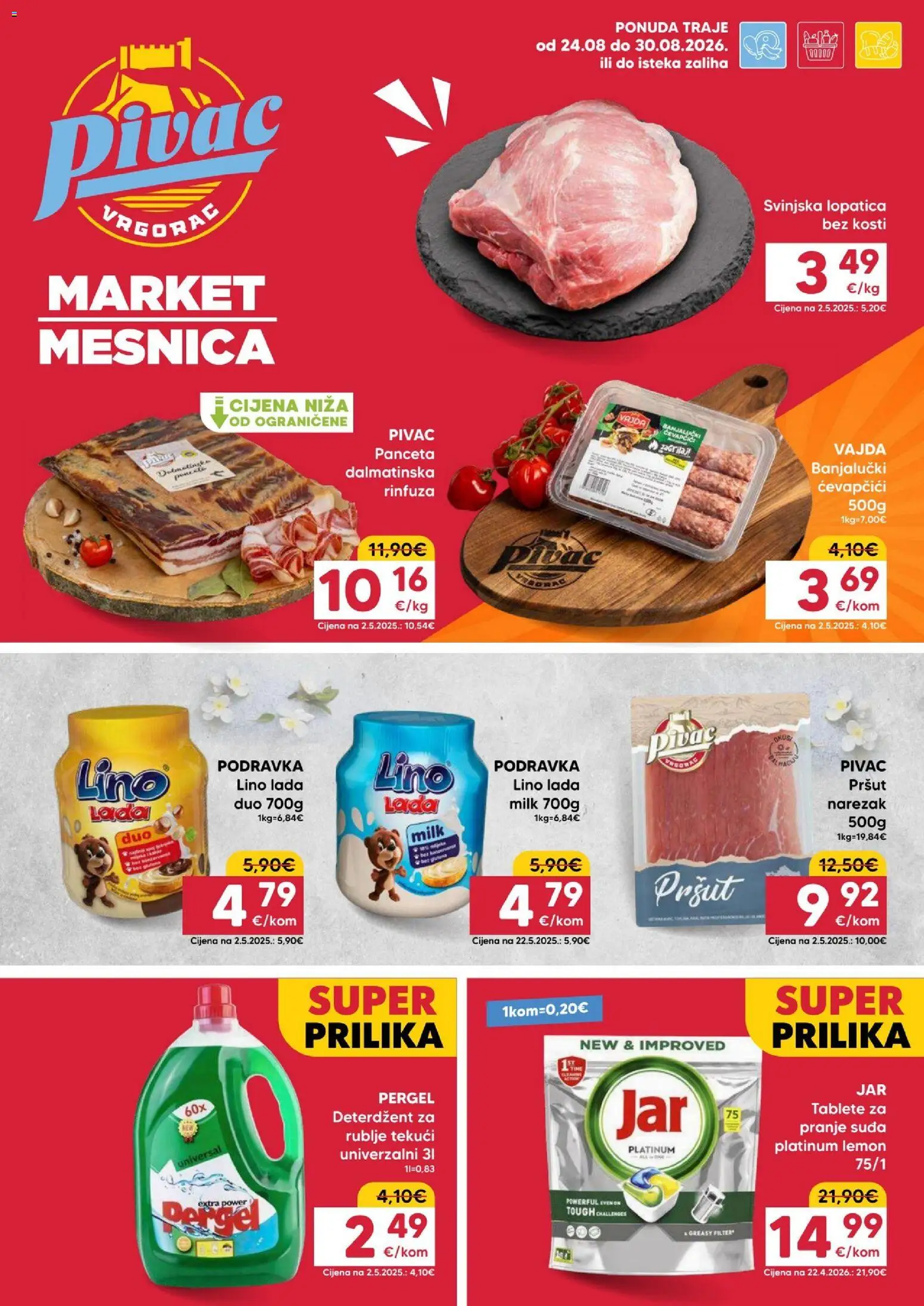 Pivac katalog | vrijedi od 24.08.2026 | Stranica: 1 | Proizvodi: Podravka, Deterdžent, Ćevapčići, Lino