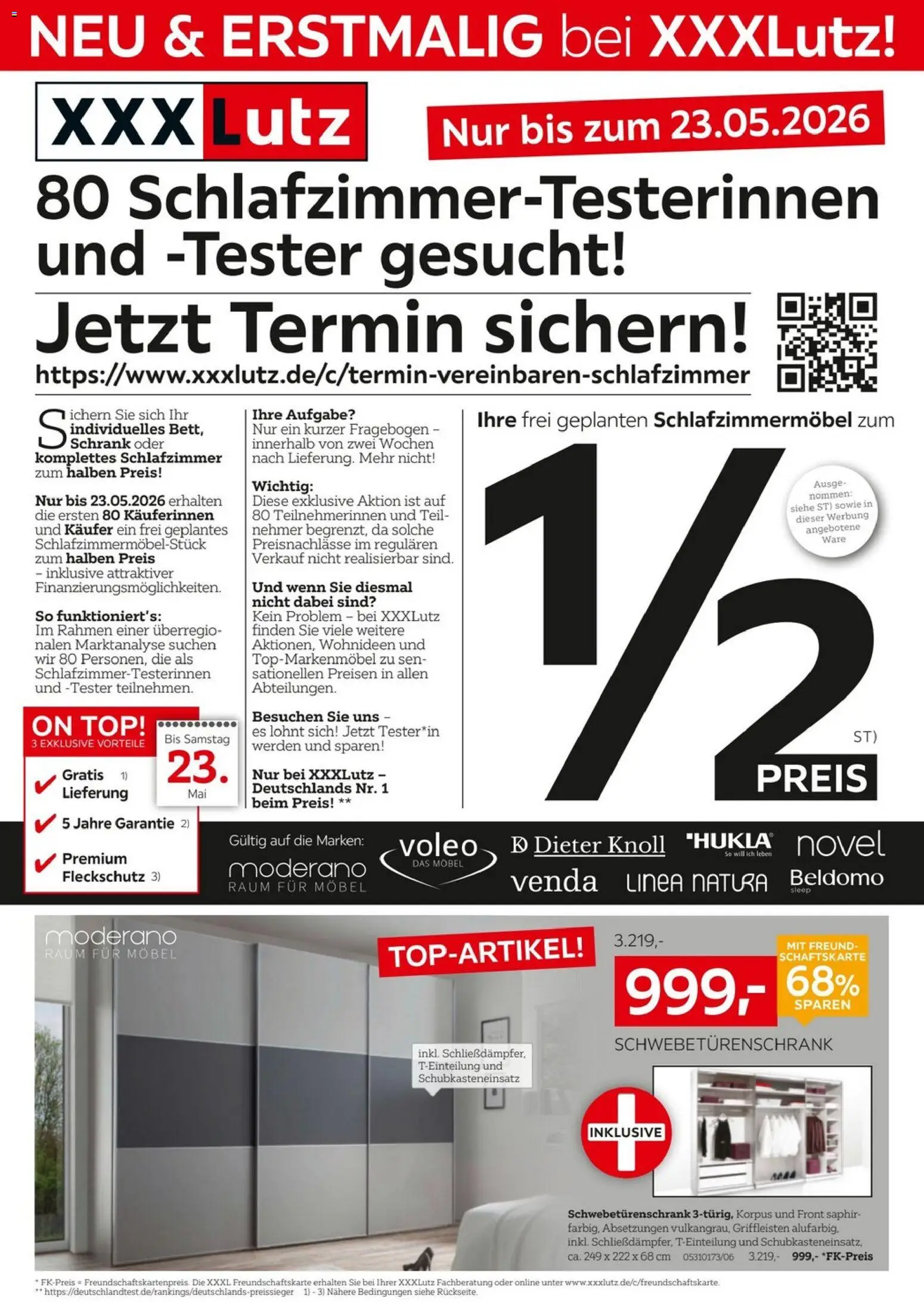 XXXLutz Schlafzimmer-Testerinnen und -Tester gesucht – gültig ab 09.05.2026 | Seite: 1 | Produkte: Top, Schwebetürenschrank, Schrank