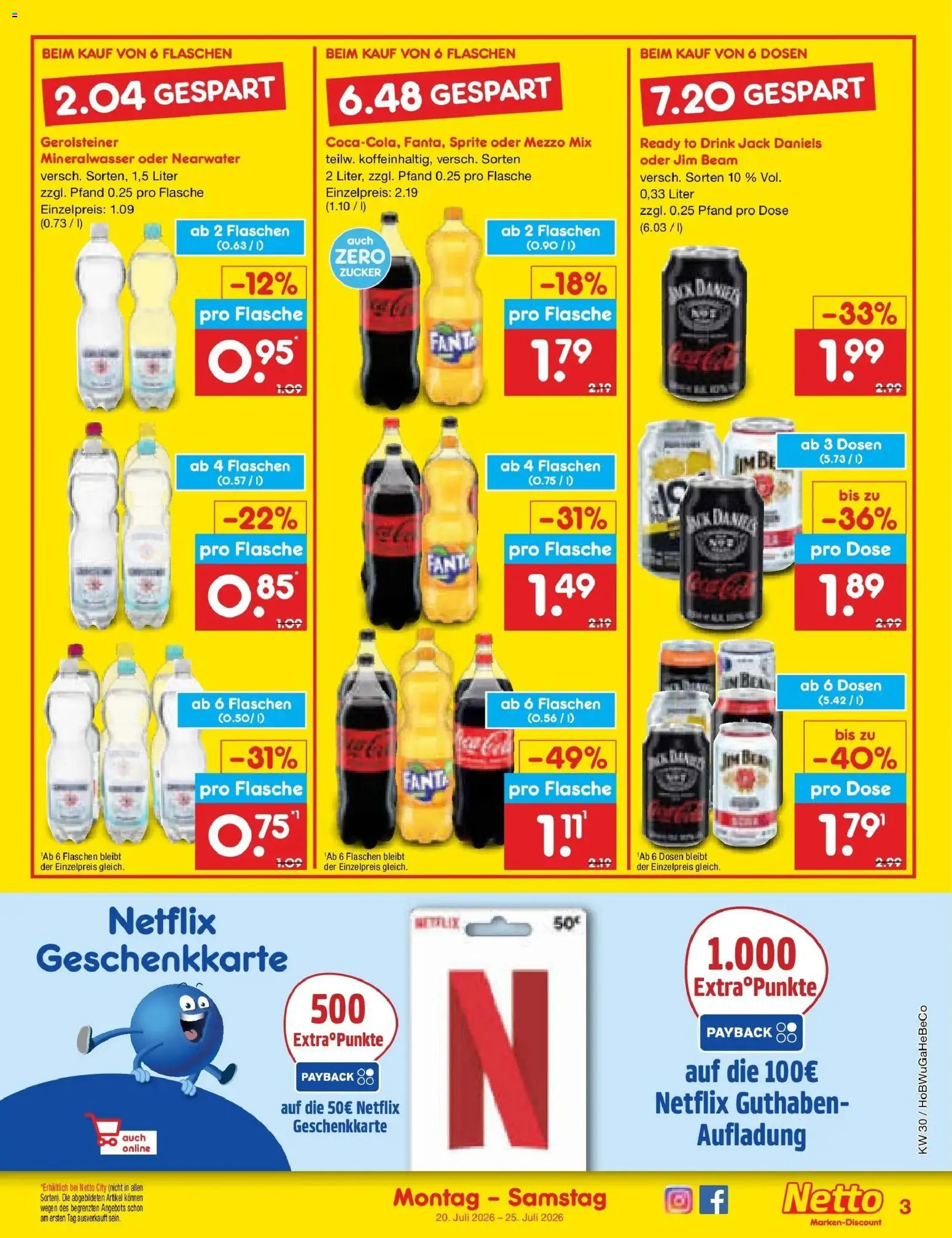 Netto Marken-Discount Prospekt Bremen-Lesum – gültig ab 20.07.2026 | Seite: 3 | Produkte: Jim beam, Fanta, Sprite, Gerolsteiner