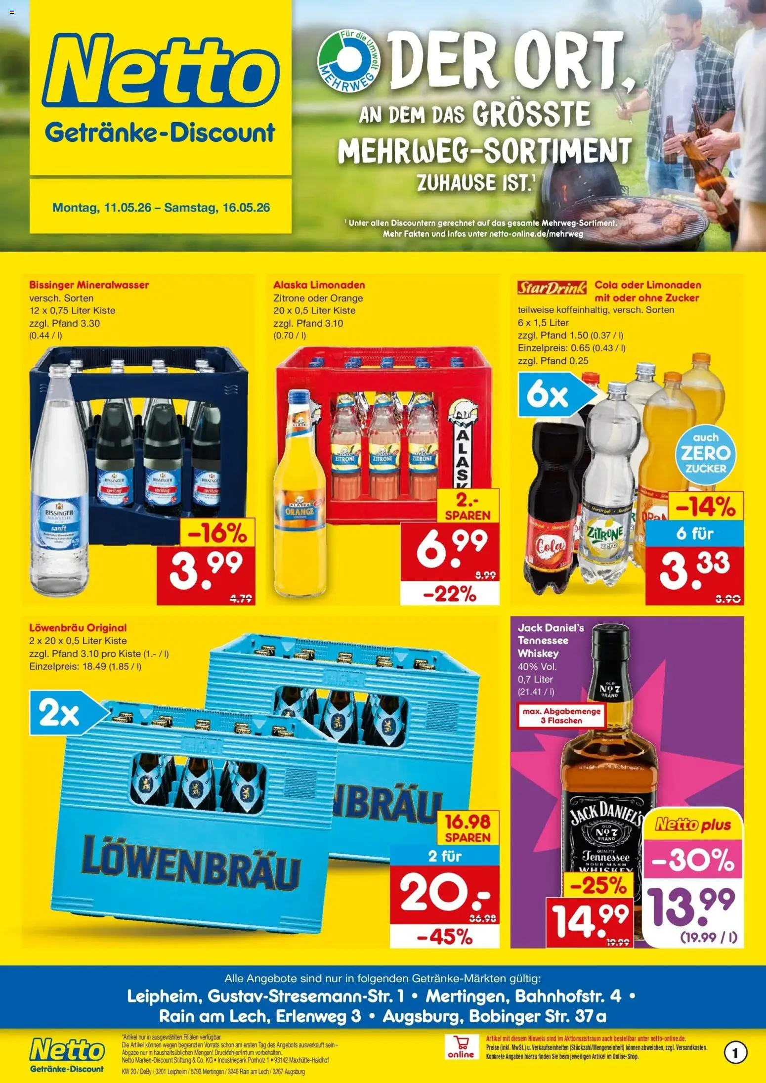 Netto Marken-Discount Prospekt Augsburg-Inningen	 – gültig ab 10.05.2026 | Seite: 1 | Produkte: Cola, Mineralwasser, Zitrone, Whiskey