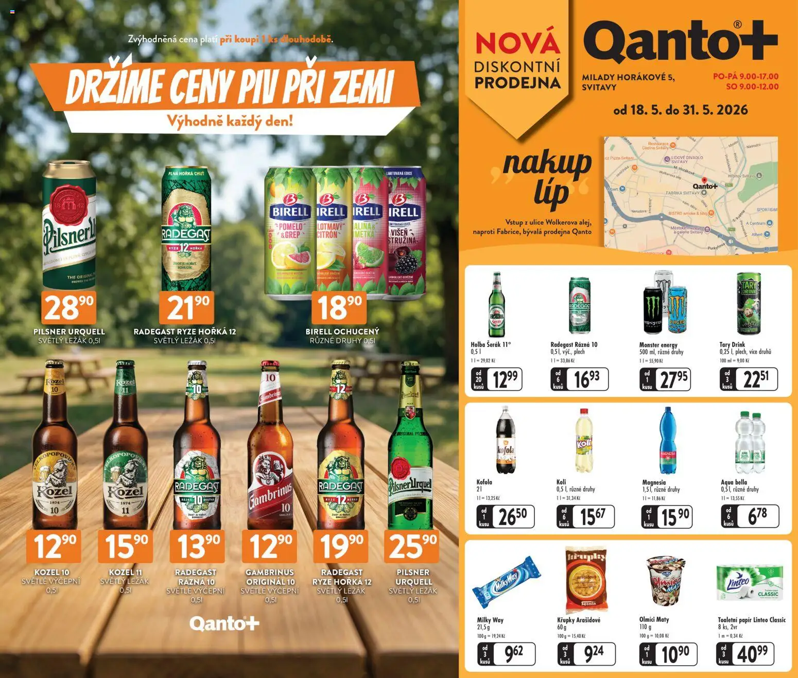 Astur & Qanto leták - Svitavy  od 18.05.2026 | Strana: 1 | Produkty: Monster, Toaletní papír, Radegast Rázna 10, Křupky