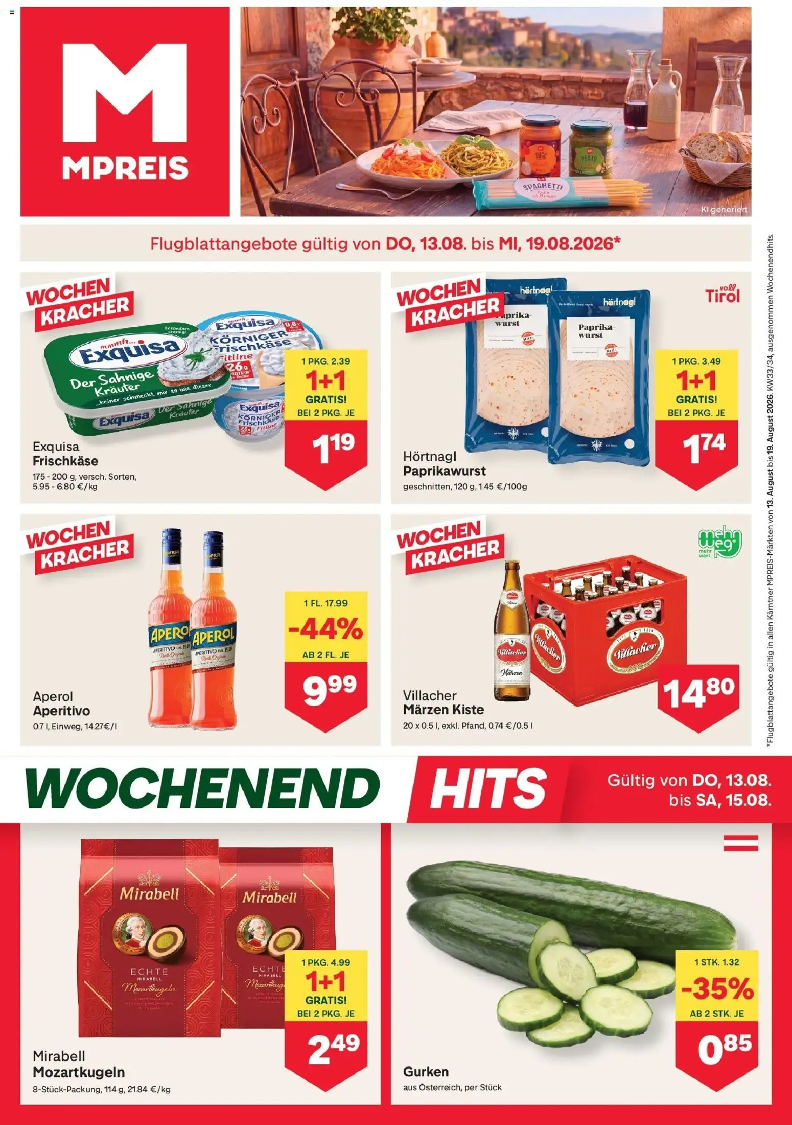 MPREIS Velden von 13.08.2026 - Aktuelle Angebote | Seite: 1 | Produkte: Gurken, Wurst, Aperol, Spaghetti