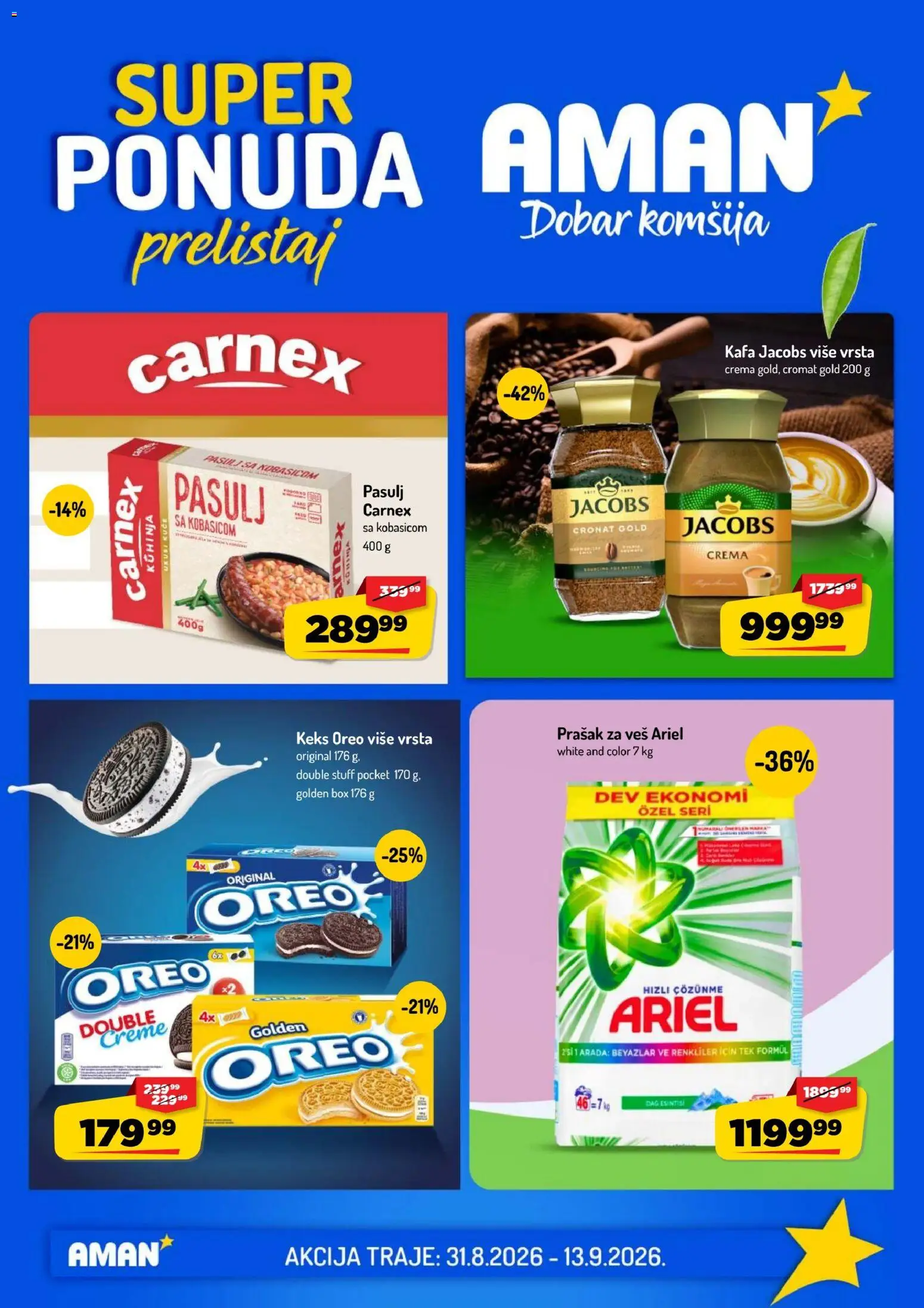 Aman katalog - važi od 31.08.2026 | Strana: 1 | Proizvode: Pasulj, Keks, Kafa, Prašak za veš