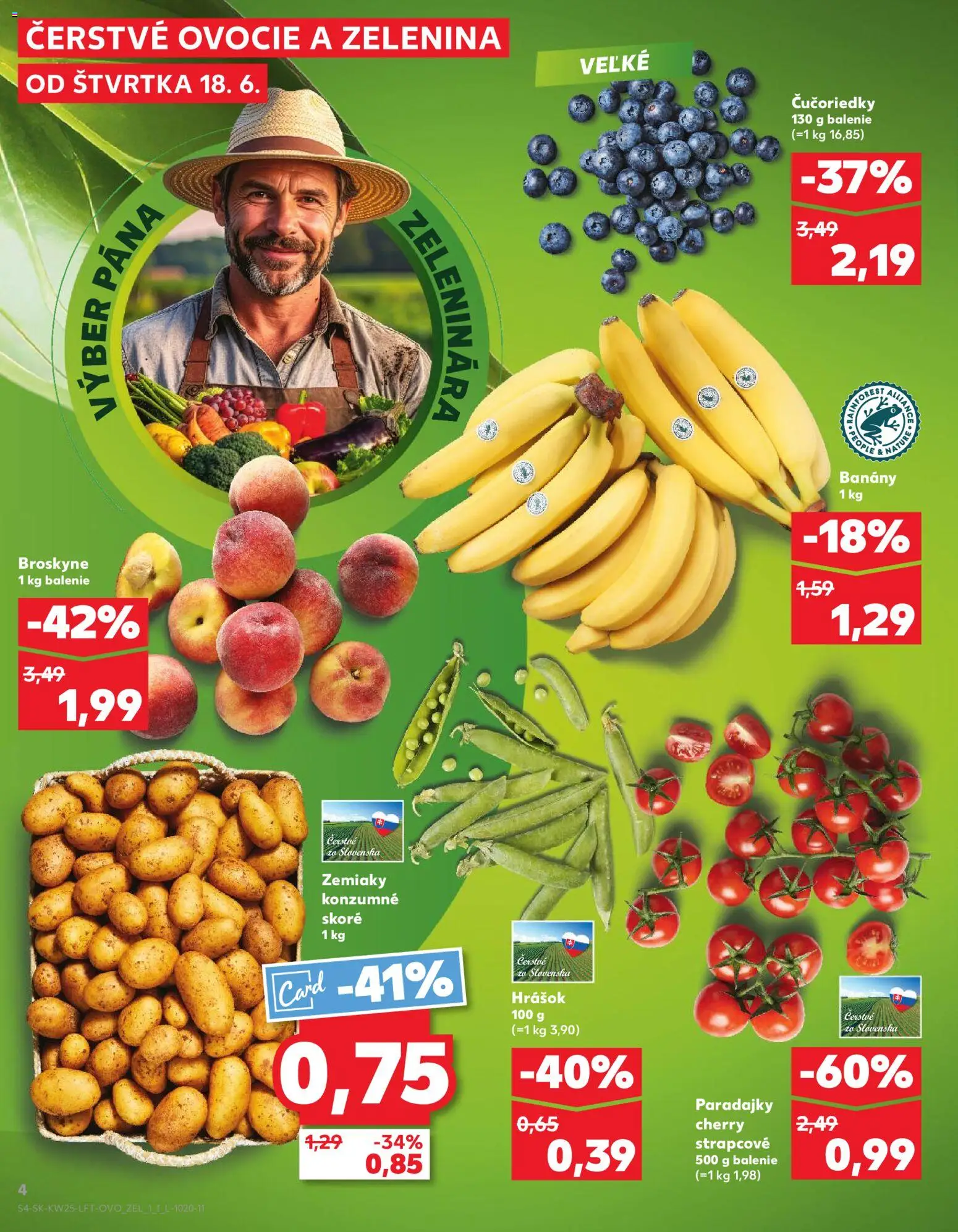 Nové Kaufland akcie – leták je platný od 18.06.2026 | Strana: 4 | Produkty: Paradajky, Hrášok, Broskyne, Ovocie