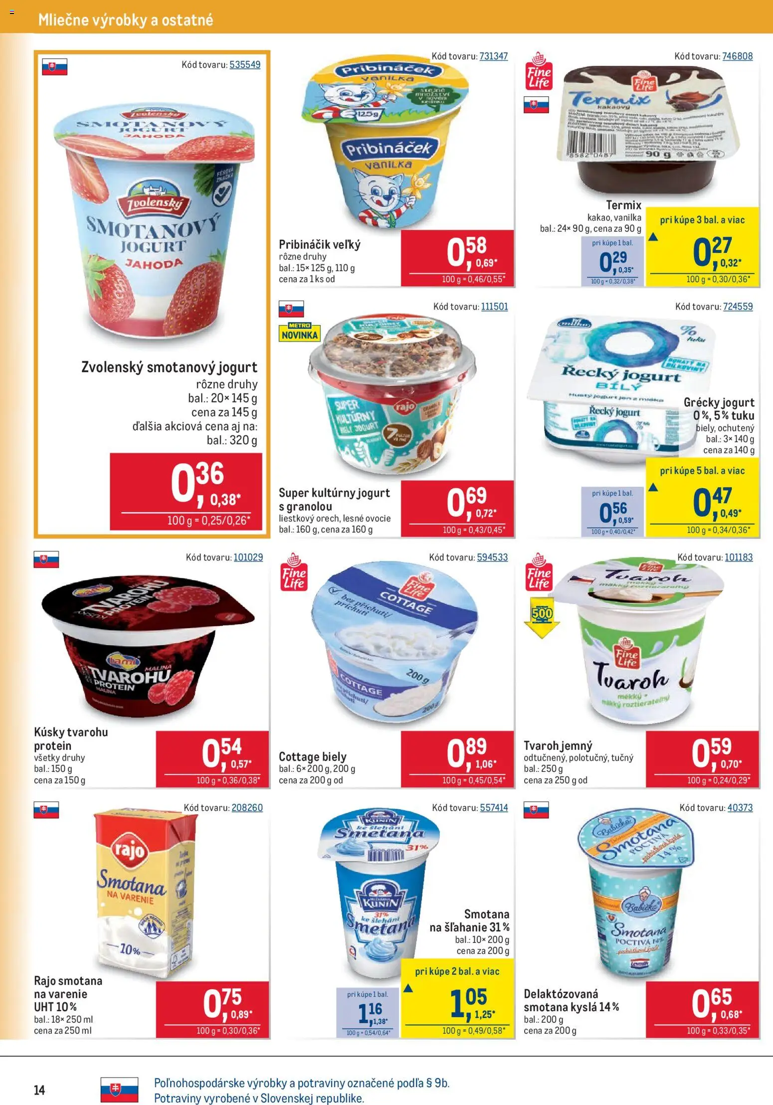 Nové Metro akcie – leták je platný od 07.10.2026 | Strana: 14 | Produkty: Pribináčik, Grécky jogurt, Smotana na varenie, Tvaroh