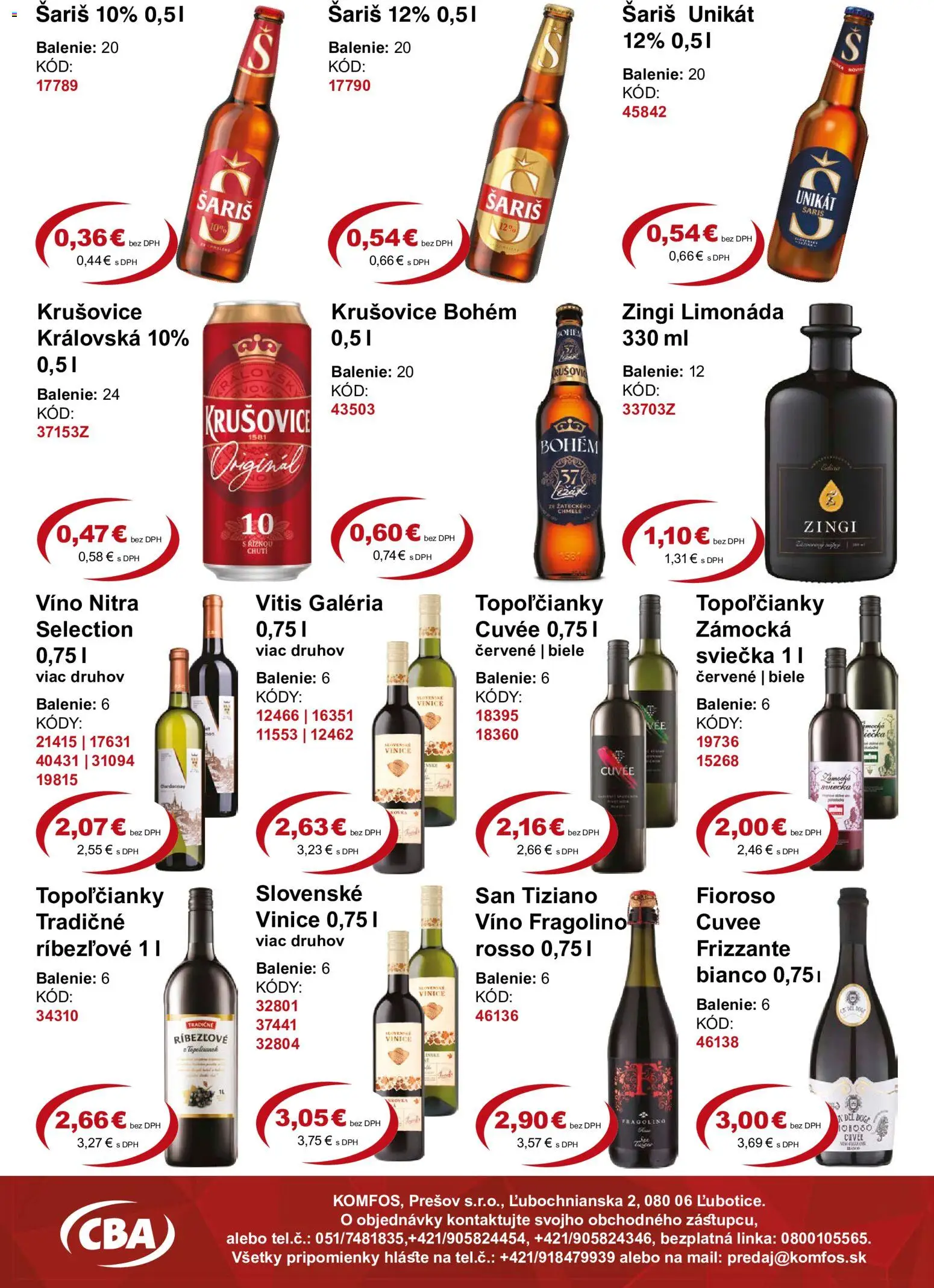 Nové CBA Komfos akcie – leták je platný od 18.09.2026 | Strana: 10 | Produkty: Víno, Krušovice, Šariš, Limonáda