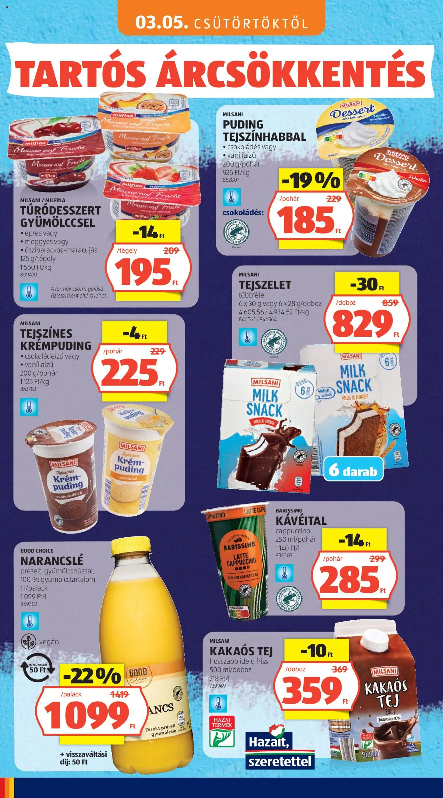 Aldi akciós ujság - amely érvényes a következő dátumtól: 03.05.2026 | Oldal: 10 | Termékek: Puding, Doboz, Joghurt, Narancslé