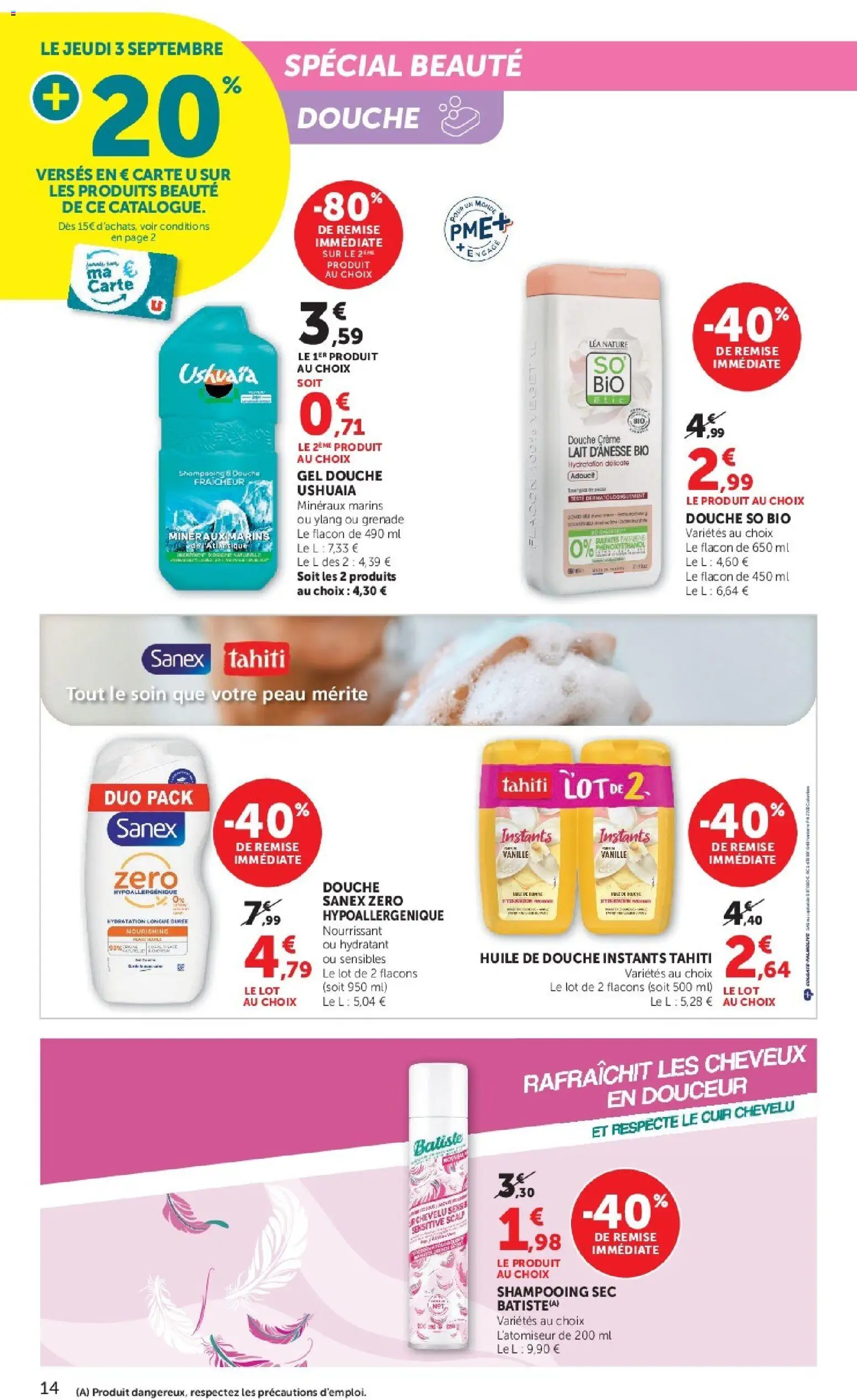 {H1} | Page: 14 | Produits: Shampooing, Gel douche, Douche, Lait