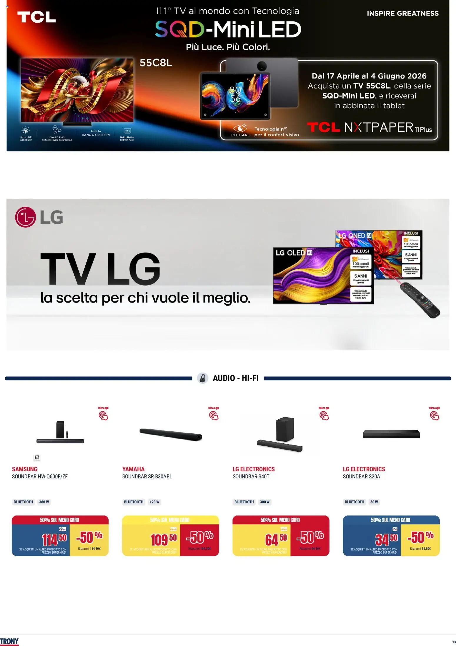 Volantino Trony del 28.04.2026 | Pagina: 13 | Prodotti: Telecomando, Soundbar, Audio, Samsung