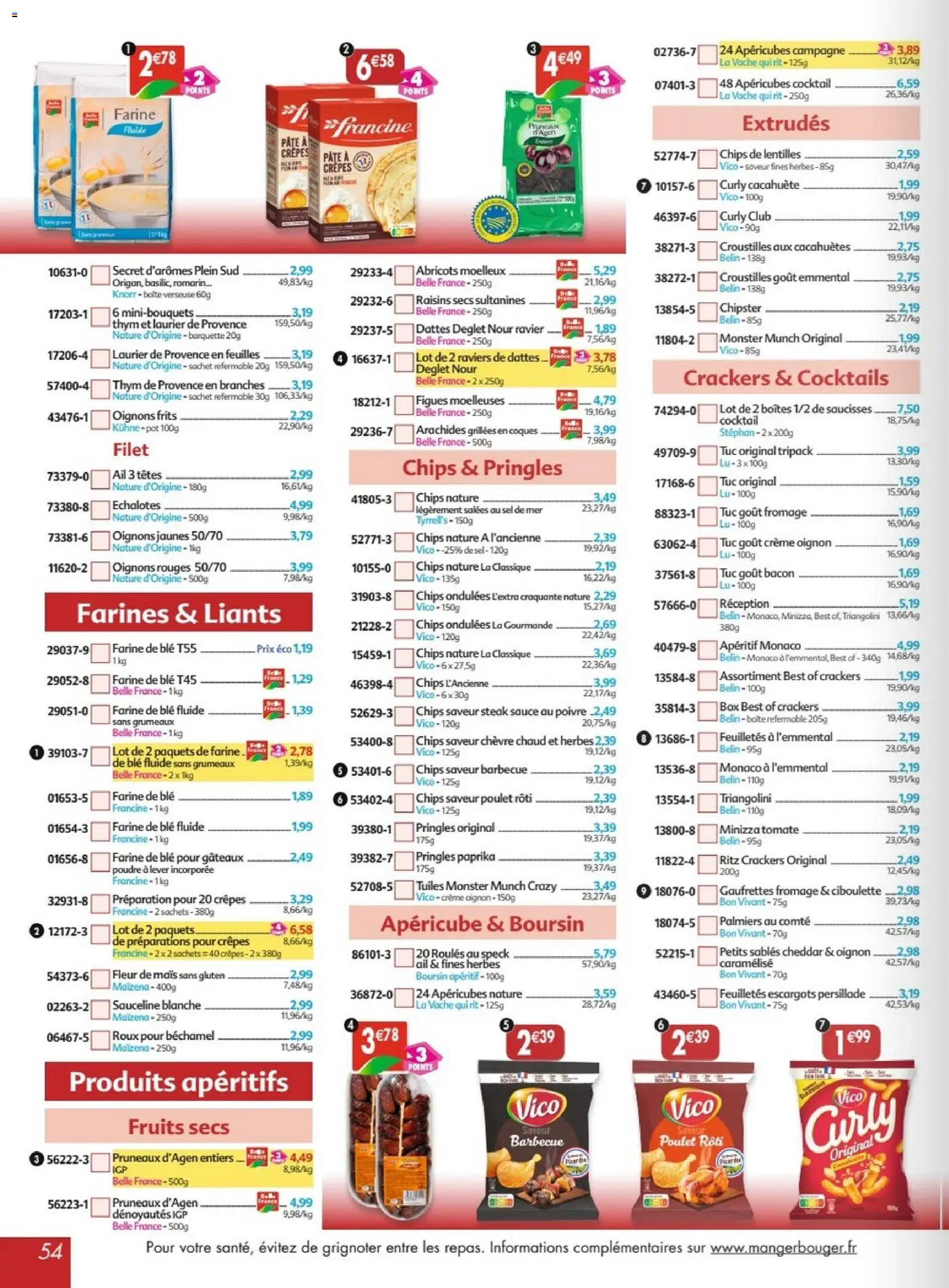 {H1} | Page: 54 | Produits: Raisins secs, Mais, Emmental, Oignons