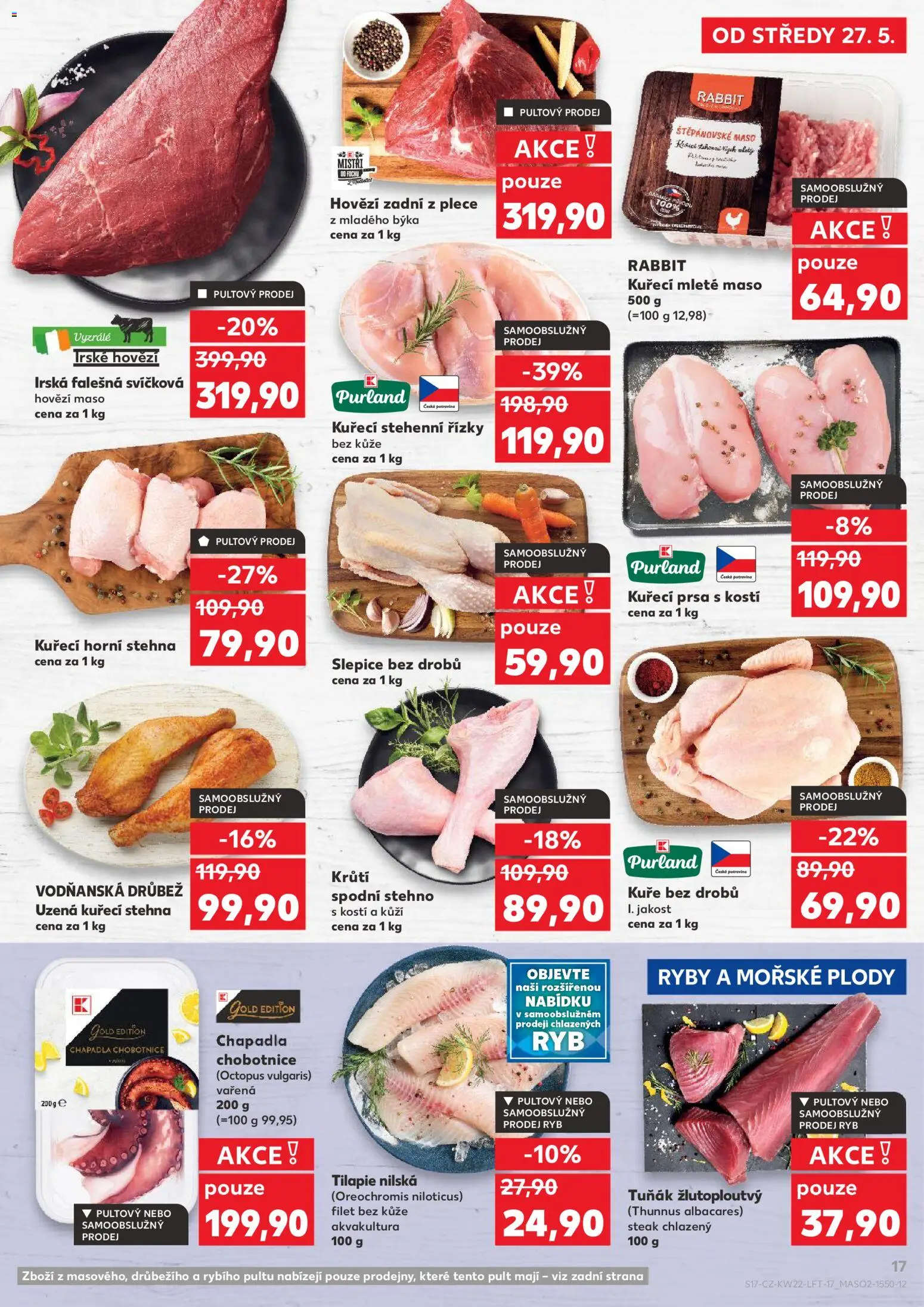 Kaufland leták od 27.05.2026 | Strana: 17 | Produkty: Uzená kuřecí stehna, Ryby, Maso, Kuřecí stehna
