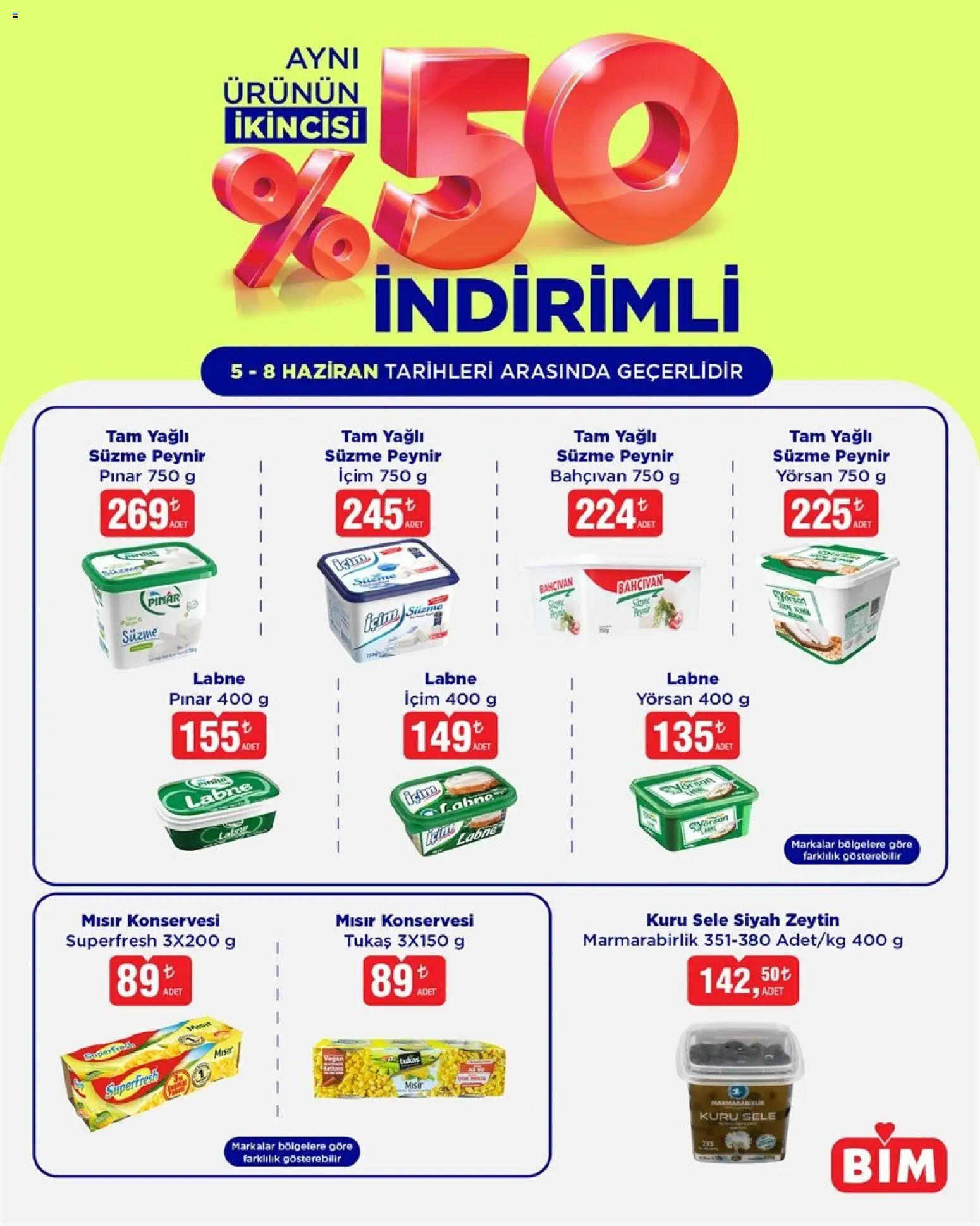 BİM - İndirim - 05.06.2026 tarihinden itibaren geçerlidir | Sayfa: 1 | Ürünler: Peynir, Süzme peynir, Zeytin, Mısır