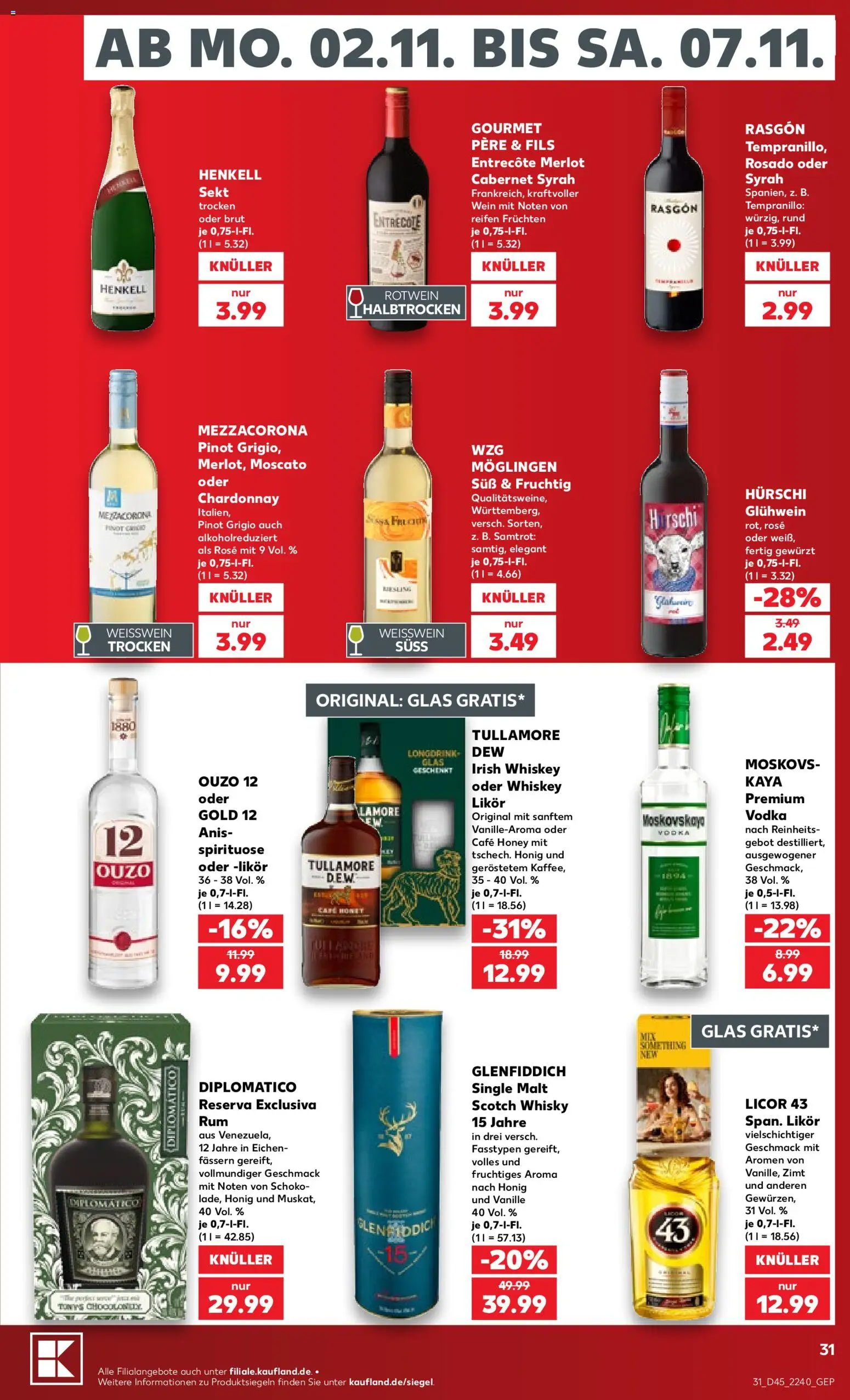 Kaufland Německo leták od 02.11.2026 | Strana: 31 | Produkty: Licor 43, Diplomatico, Ouzo, Merlot