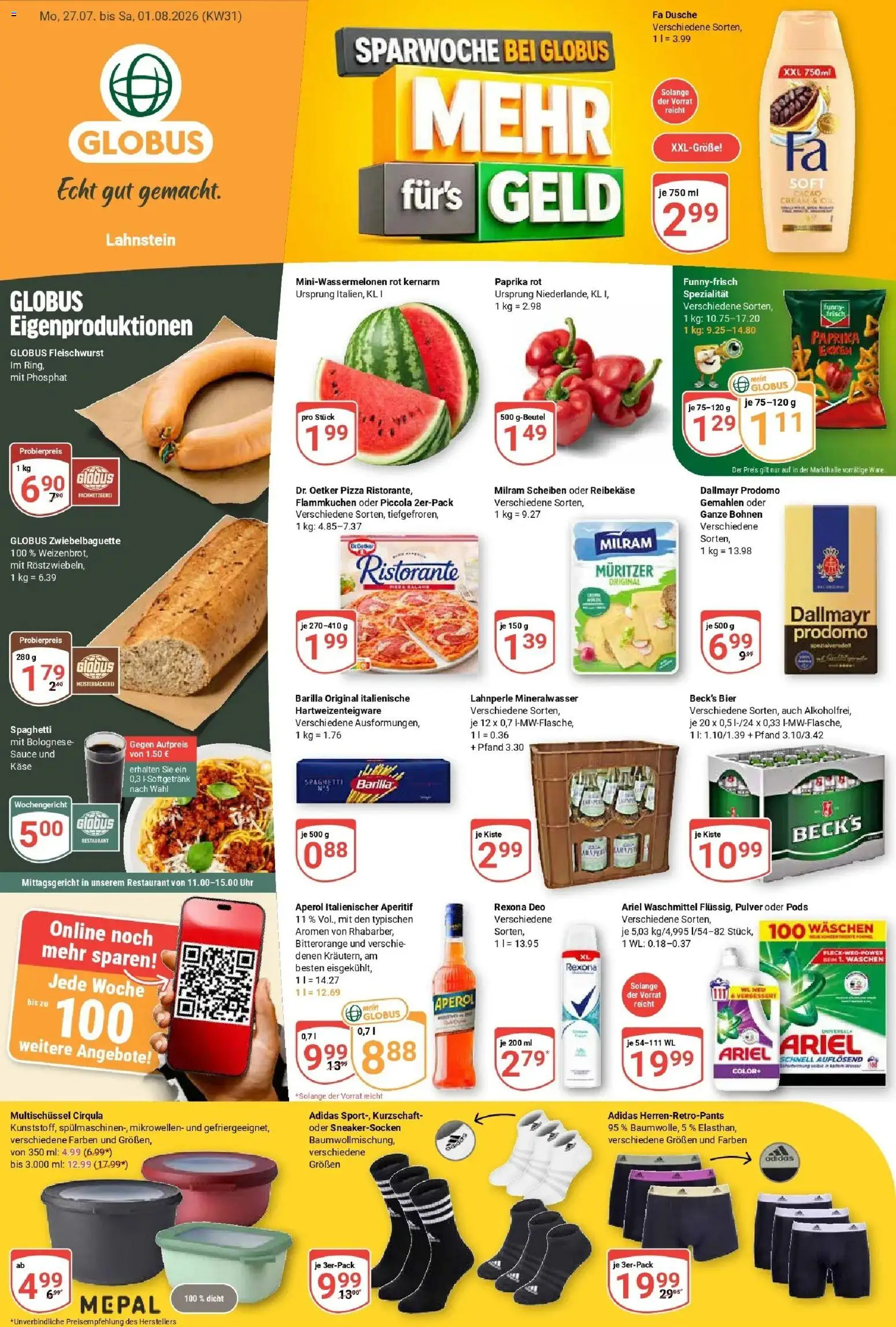 Globus Prospekt Lahnstein – gültig ab 27.07.2026 | Seite: 1 | Produkte: Ariel, Paprika rot, Dallmayr, Reibekase