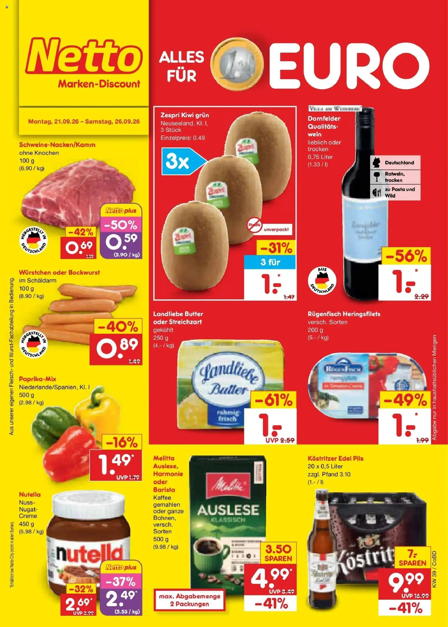 Netto Marken-Discount Prospekt Delitzsch – gültig ab 21.09.2026 | Seite: 1 | Produkte: Bockwurst, Melitta, Kostritzer, Creme
