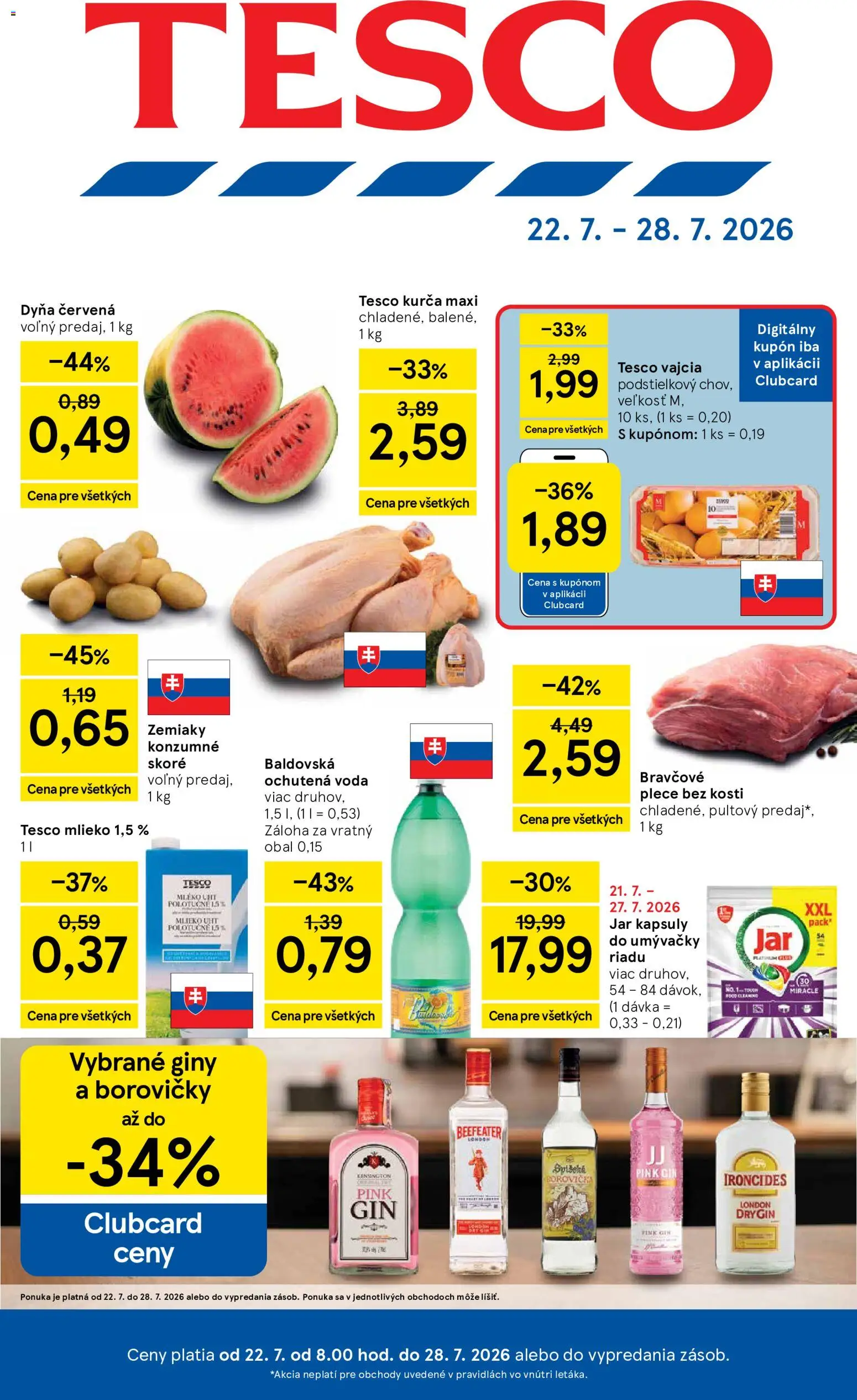 Nové Tesco akcie – leták je platný od 22.07.2026 | Strana: 1 | Produkty: Vajcia, Ochutená voda, Kapsuly do umývačky riadu, Jar