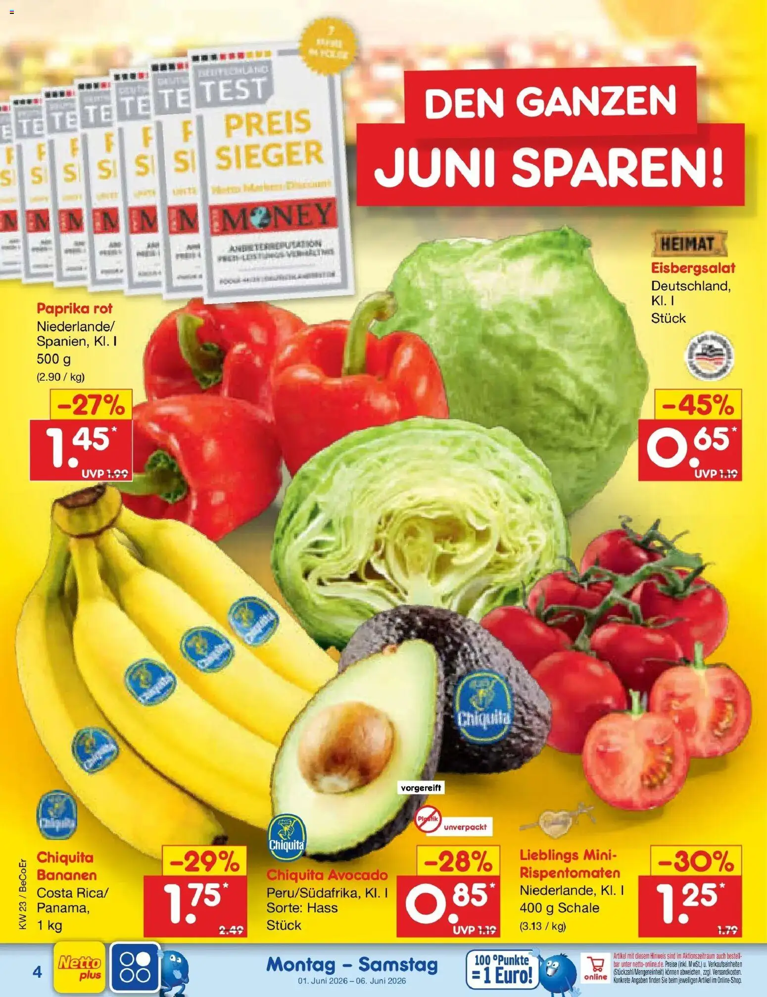 Netto Marken-Discount Prospekt Weimar – gültig ab 01.06.2026 | Seite: 4 | Produkte: Paprika rot, Bananen, Avocado, Paprika