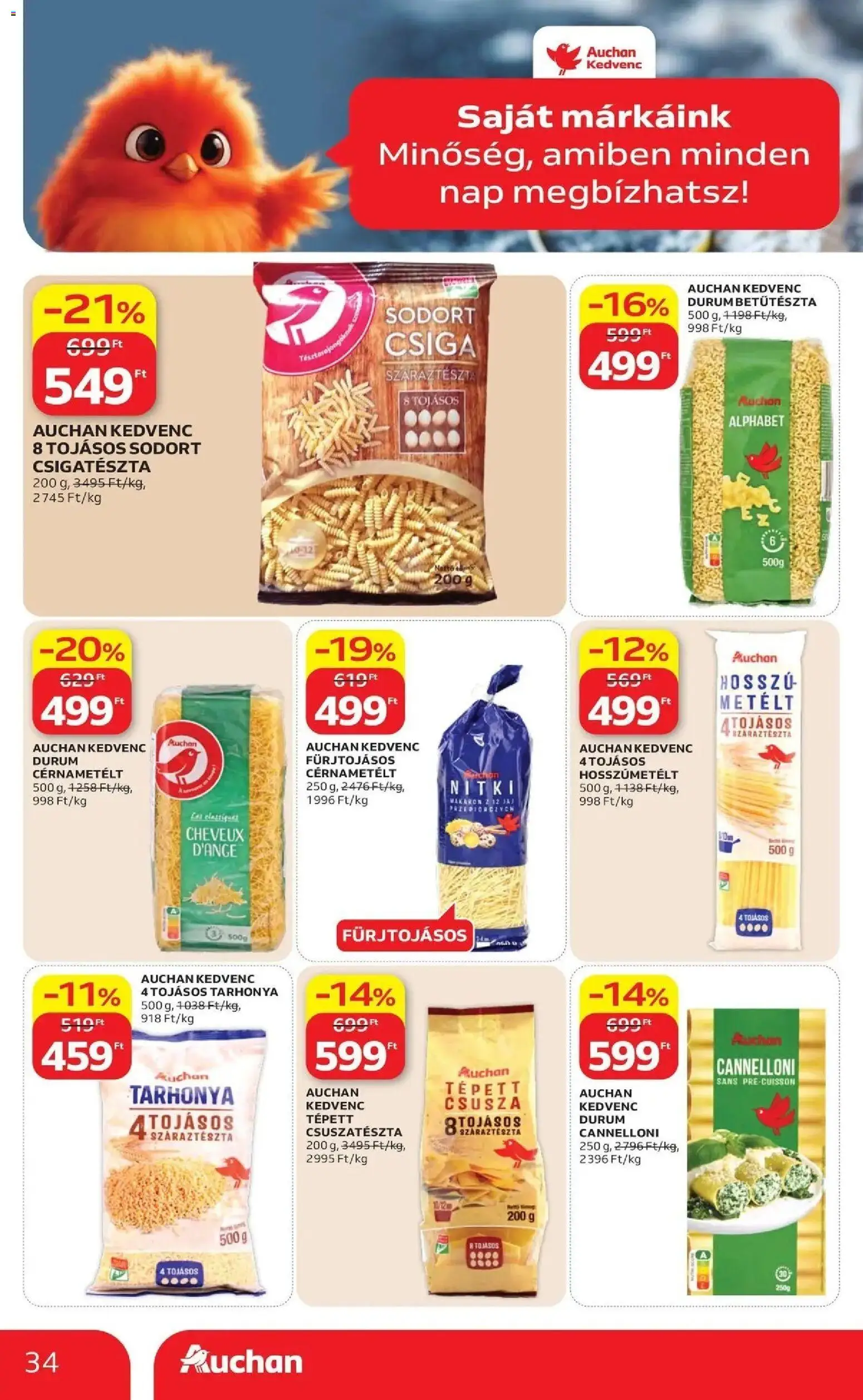 Auchan akciós ujság - amely érvényes a következő dátumtól: 14.05.2026 | Oldal: 34 | Termékek: Hosszúmetélt, Tarhonya, Cannelloni, Cérnametélt