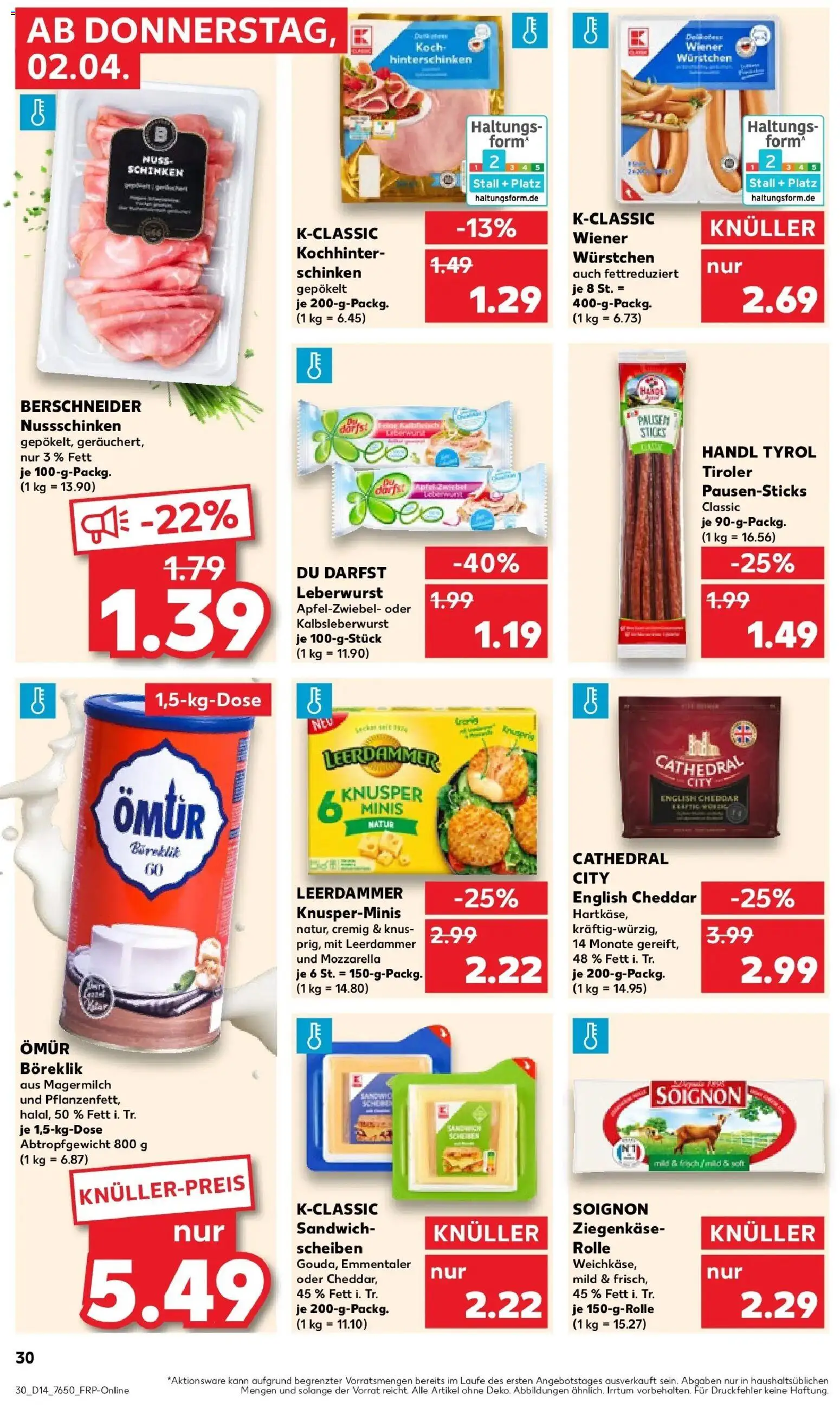 Kaufland Prospekt Überlingen	 – gültig ab 30.03.2026 | Seite: 44 | Produkte: Wiener wurstchen, Ziegenkäse, Leerdammer, Schinken