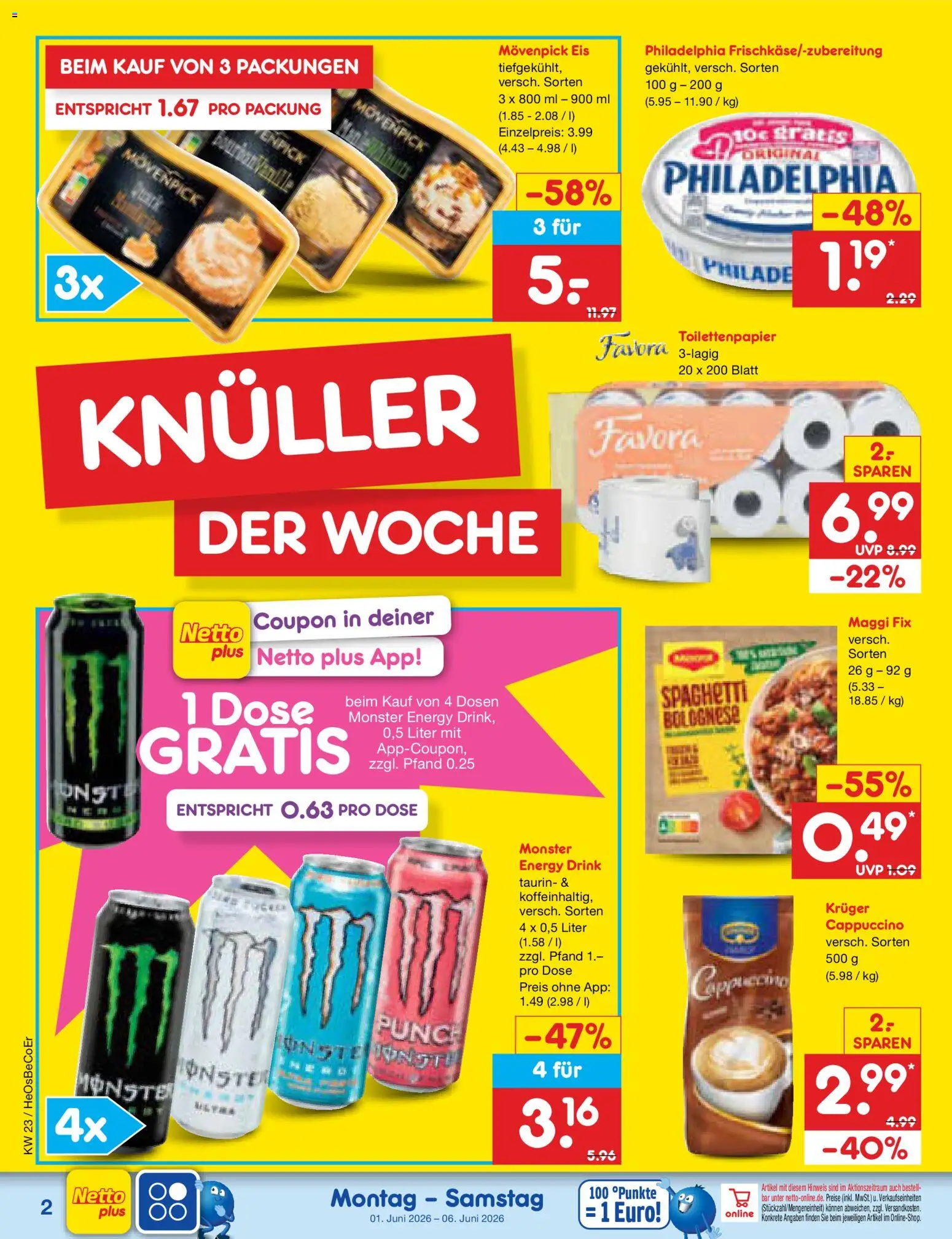 Netto Marken-Discount Prospekt – gültig ab 01.06.2026 | Seite: 2 | Produkte: Energy, Philadelphia, Movenpick eis, Monster