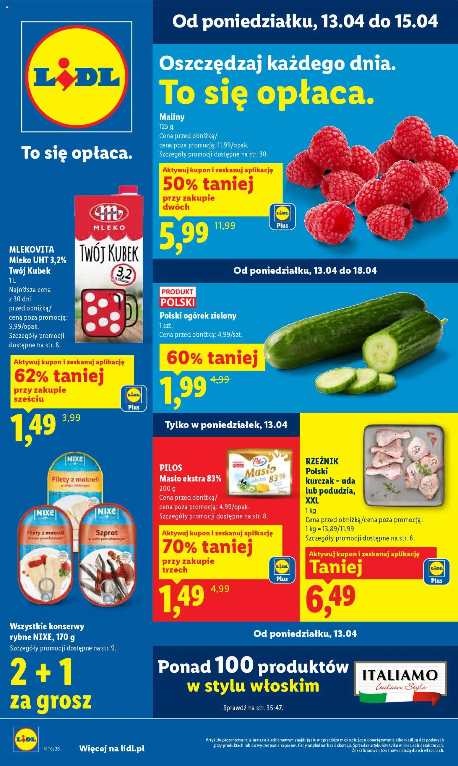 Lidl gazetka od 13.04.2026 | Strona: 1 | Produkty: Maliny, Kurczak, Mleko, Masło