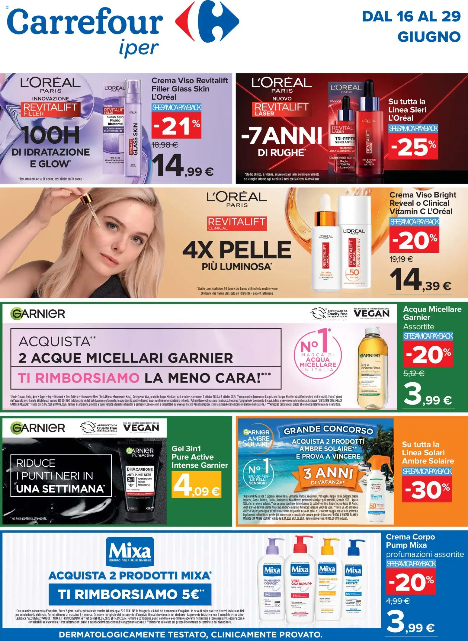 Volantino Carrefour del 16.06.2026 | Pagina: 1 | Prodotti: Acqua micellare, Crema viso, Acqua, Latte