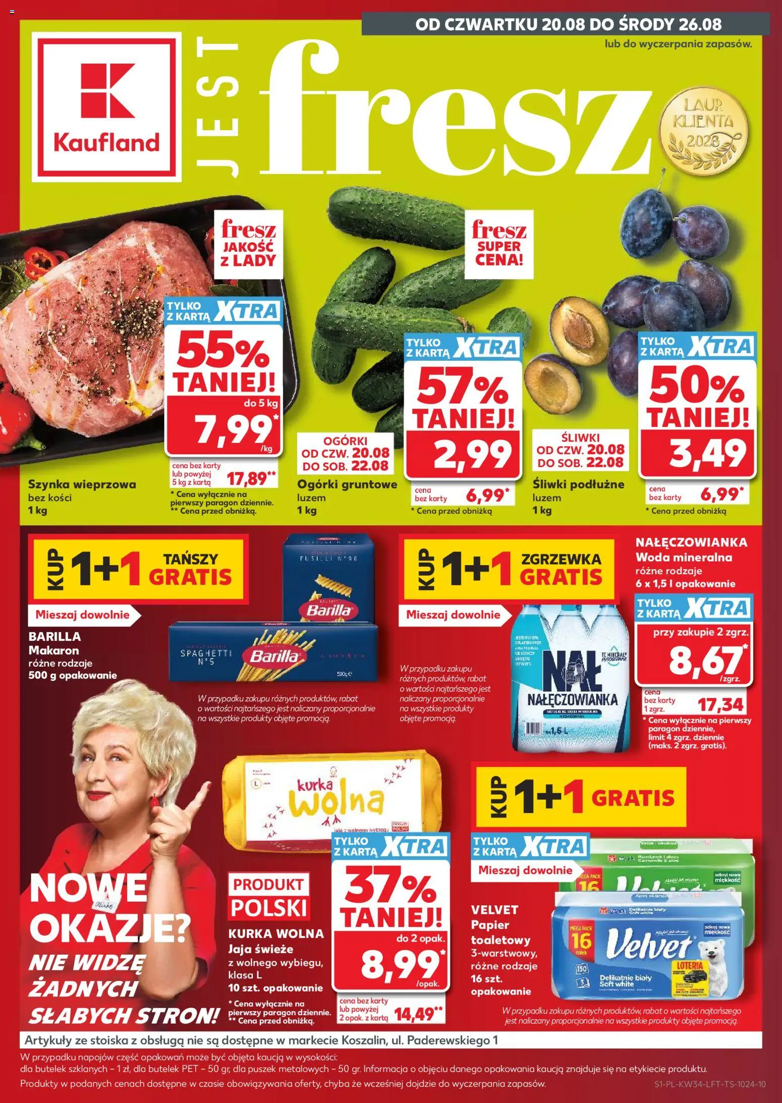 Kaufland Polsko leták - Mocny start od 20.08.2026 | Strana: 1 | Produkty: Barilla, Velvet, Karty