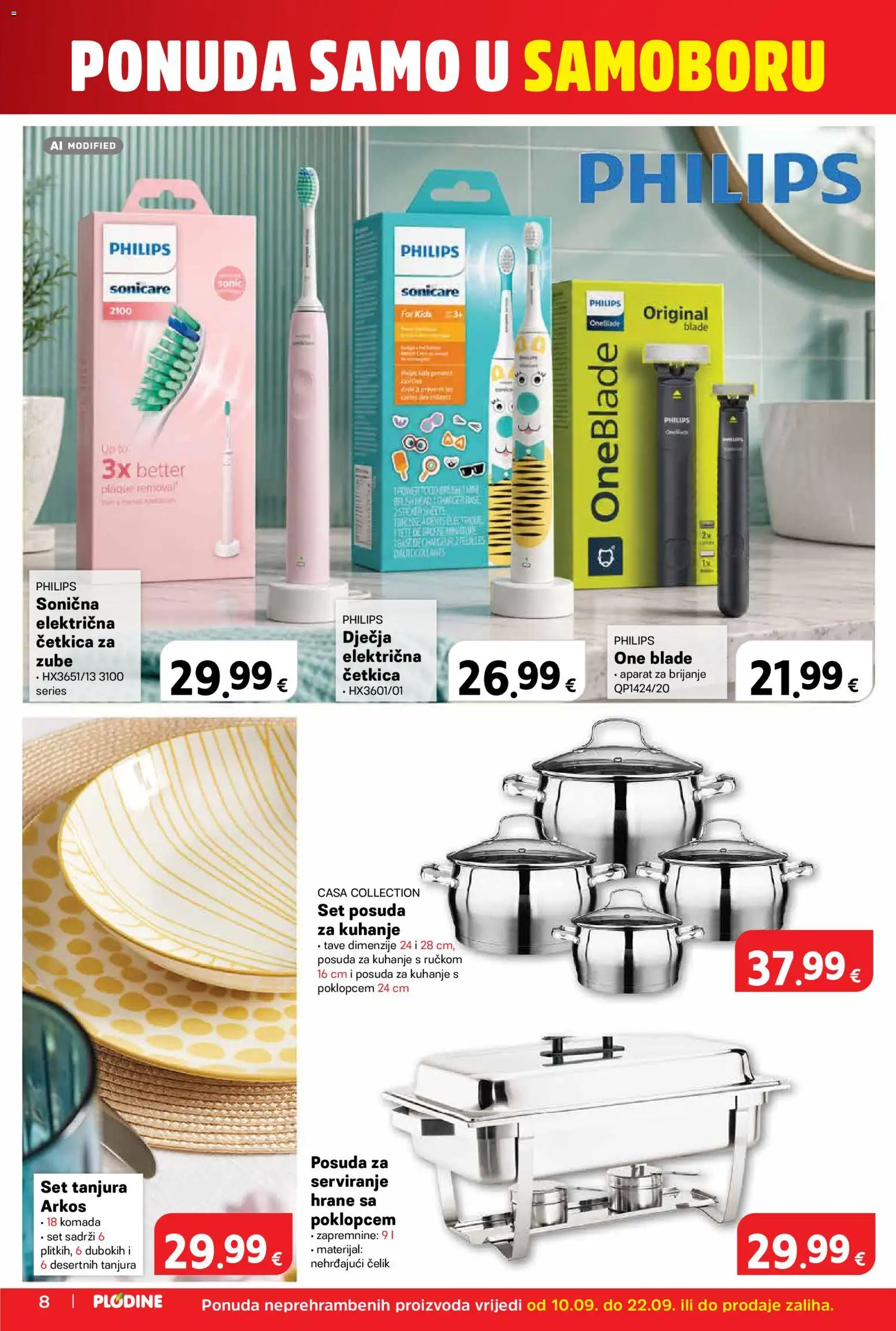 Plodine katalog | vrijedi od 10.09.2026 | Stranica: 8 | Proizvodi: Set tanjura, Električna četkica za zube, Četkica za zube, Set posuđa