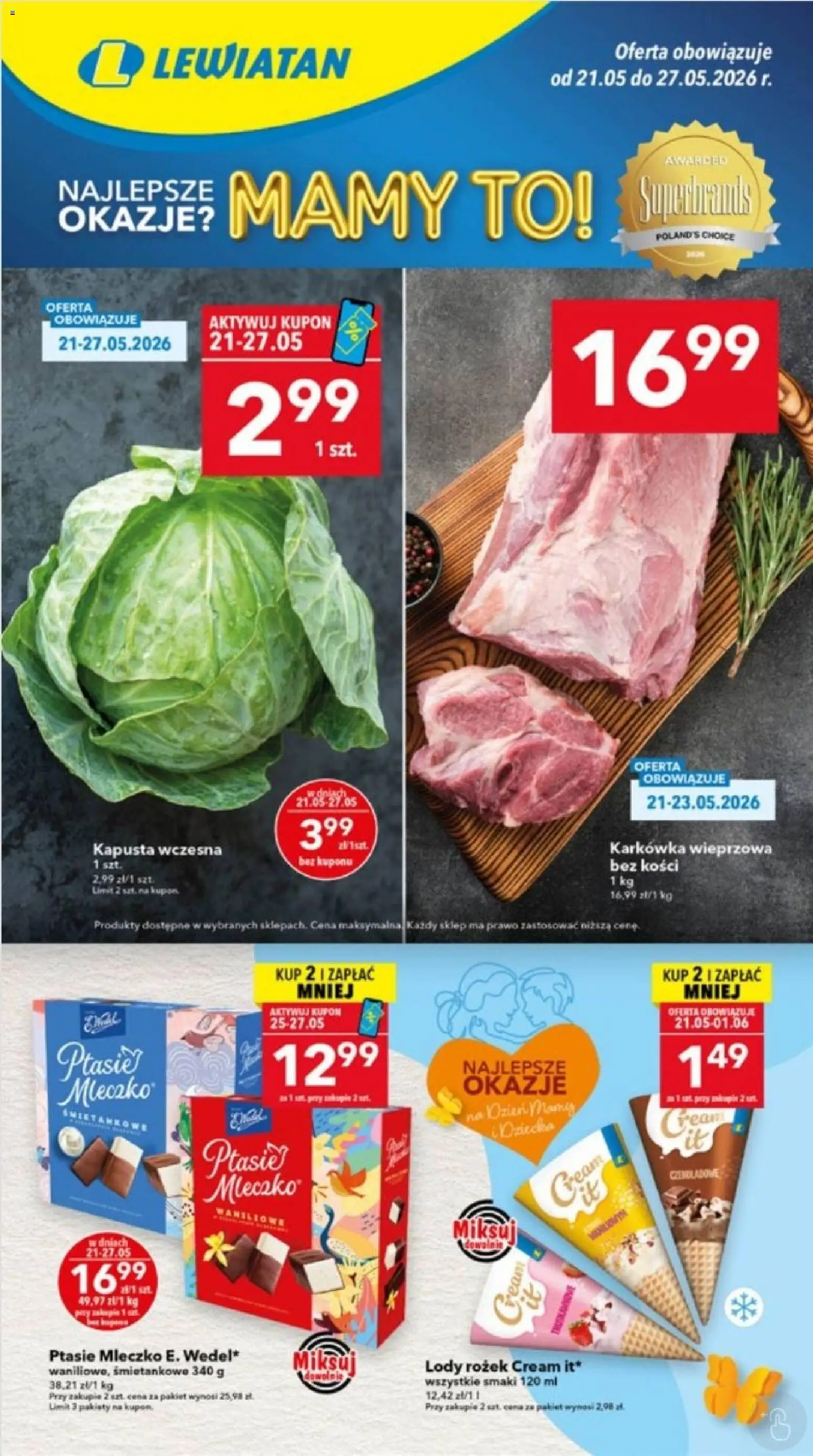 Lewiatan gazetka - Katowice od 21.05.2026 | Strona: 1 | Produkty: Kapusta, Karkówka, Karkówka wieprzowa, Lody