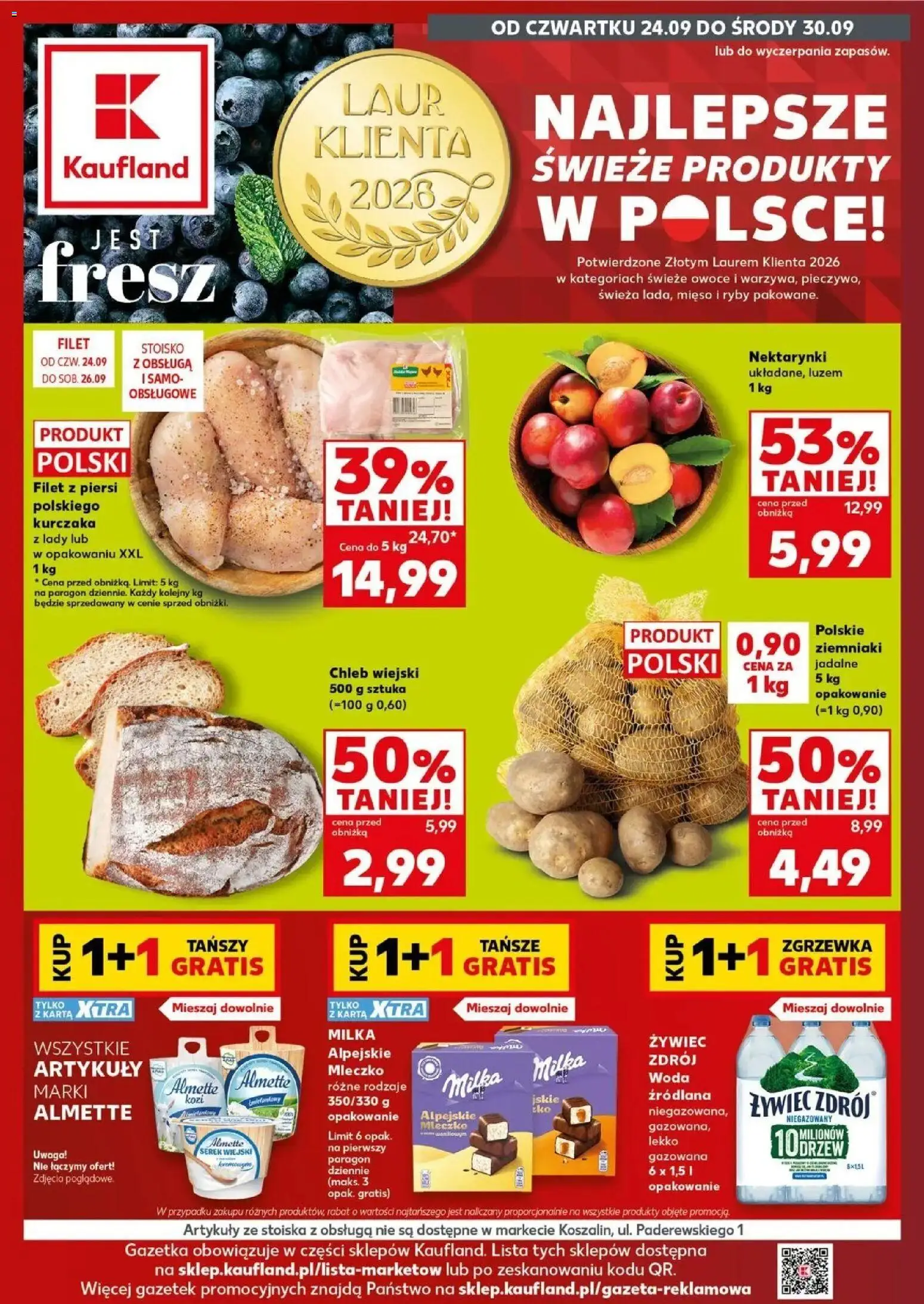 Kaufland gazetka od 24.09.2026 | Strona: 1 | Produkty: Woda źródlana, Milka, Serek wiejski, Ziemniaki