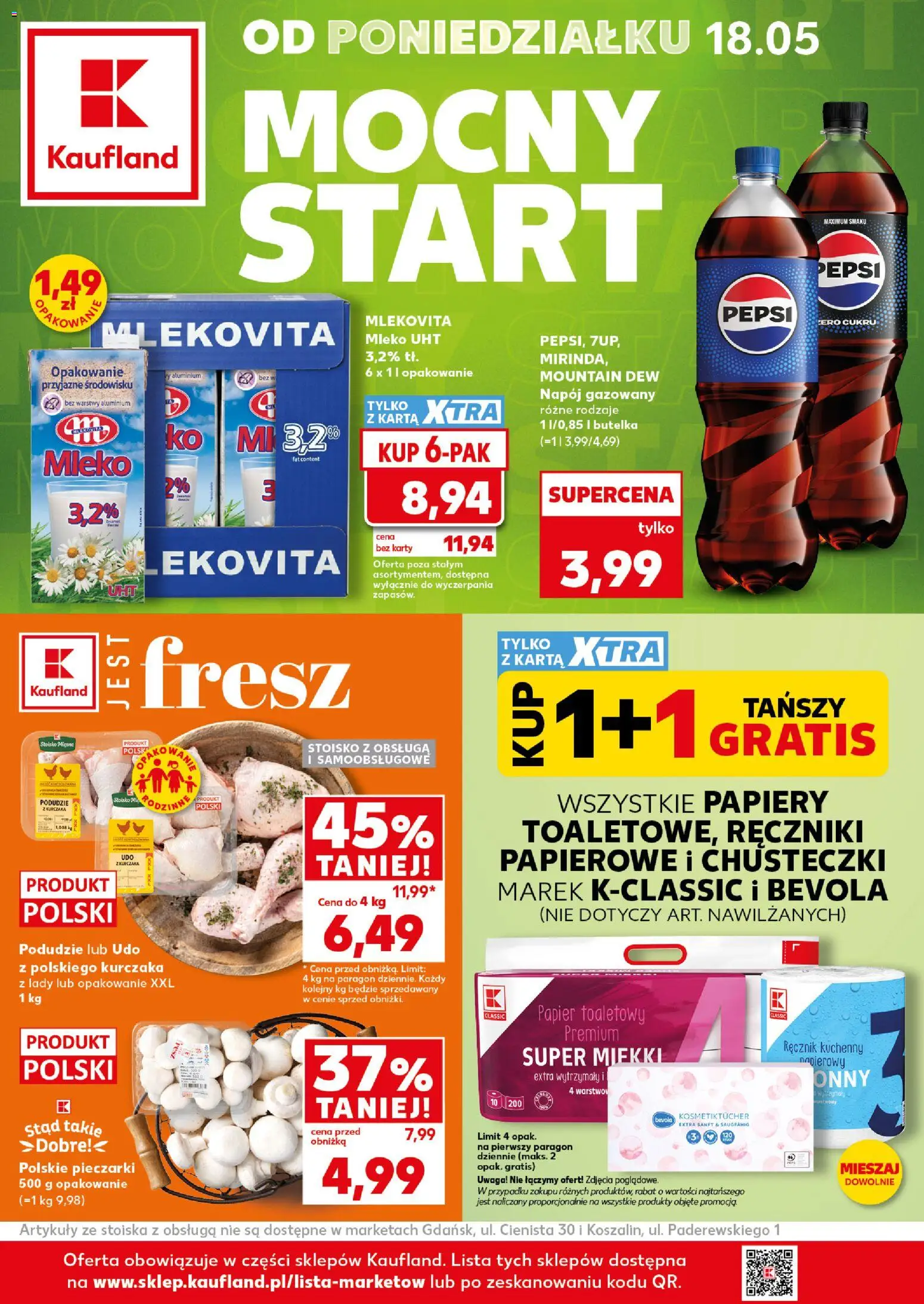 Kaufland Polsko leták - Mocny start od 18.05.2026 | Strana: 1 | Produkty: Mléko, Mountain Dew, Bevola, Karty