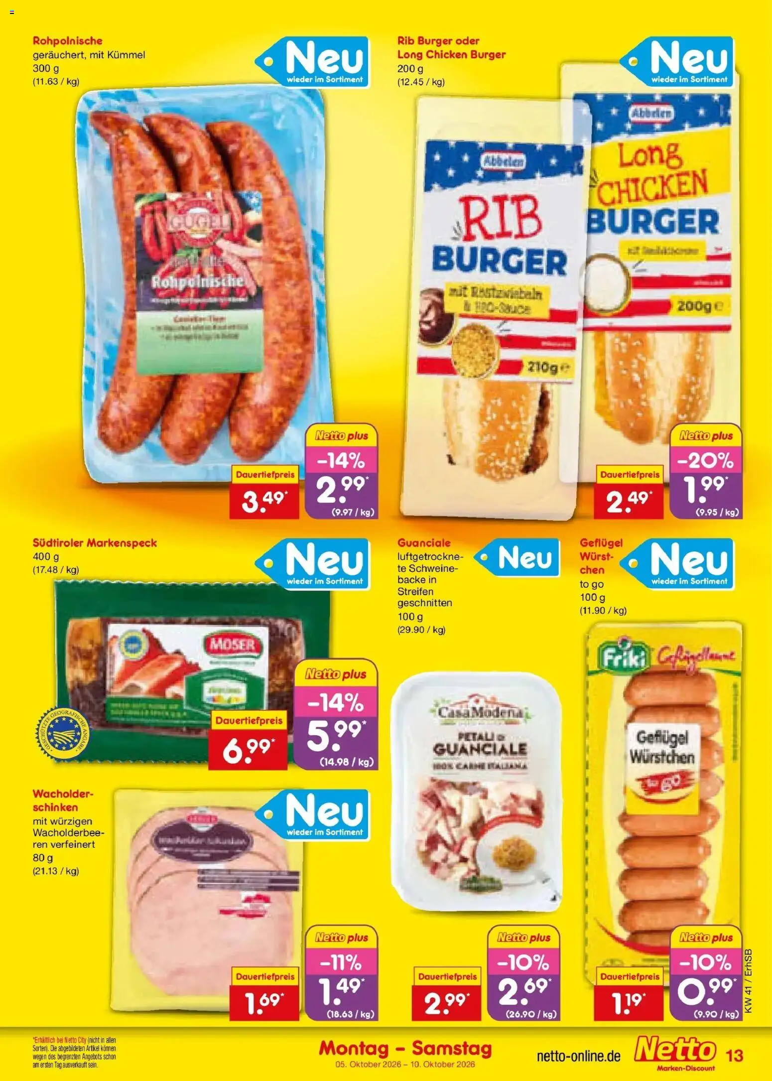 Netto Marken-Discount Prospekt München (ab 05.10.2026) » Angebote | Seite: 13 | Produkte: Burger, Wurst, Schinken