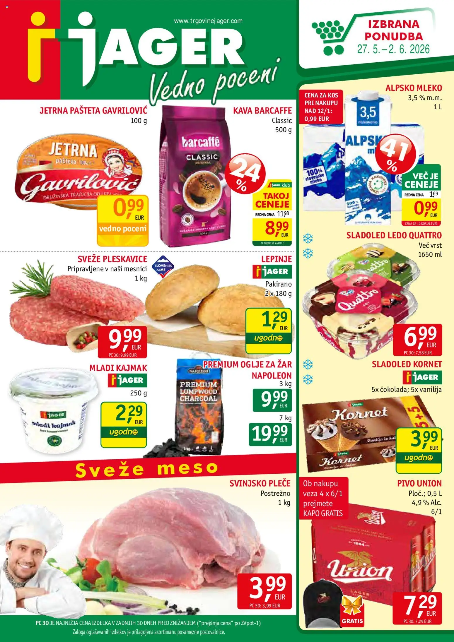 Novi Jager katalog ponudbe – veljaven od 27.05.2026 | Stran: 1 | Izdelki: Kajmak, Mleko, Pivo, Sladoled