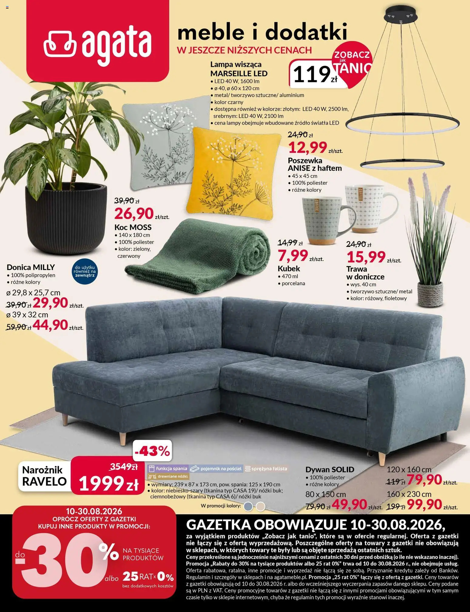 Salony Agata gazetka od 10.08.2026 | Strona: 1 | Produkty: Pościel, Narożnik, Dywan, Lampa