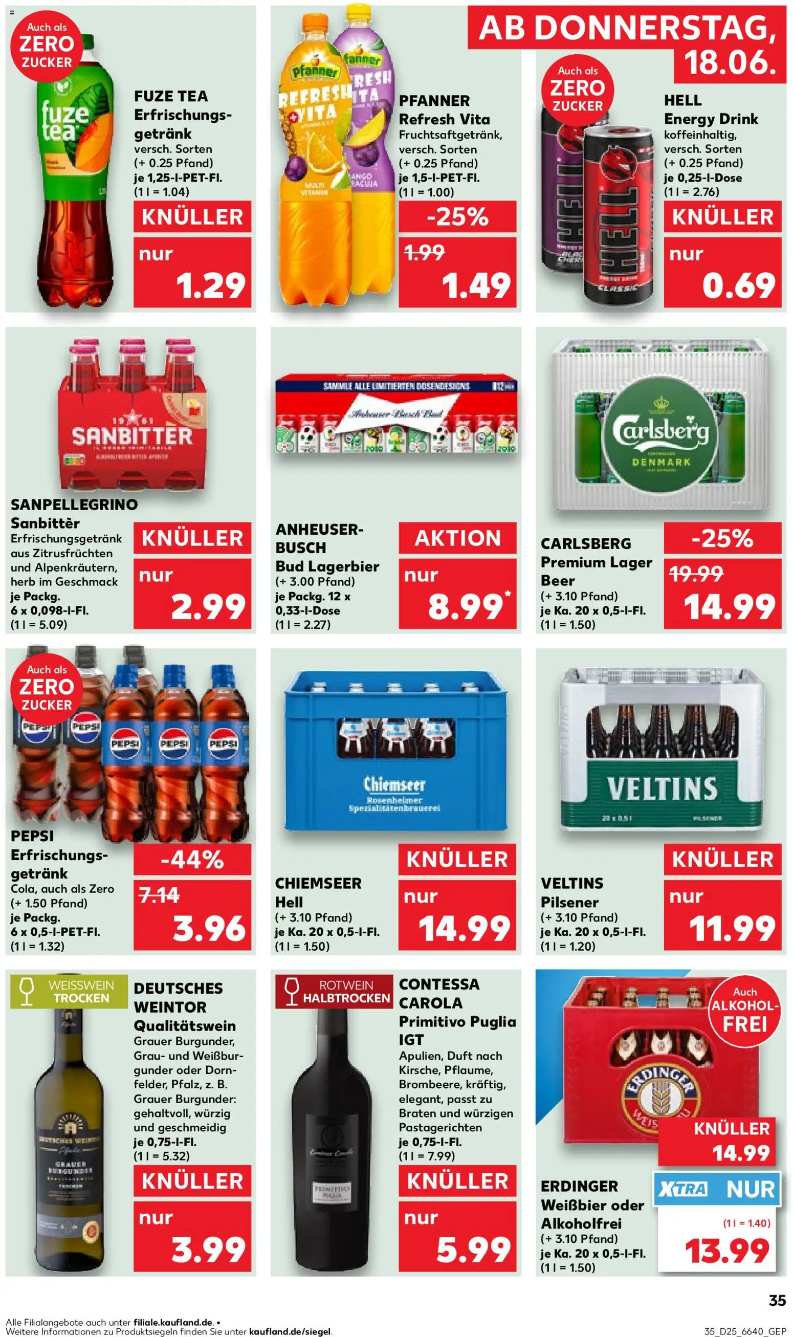 Kaufland Německo leták od 18.06.2026 | Strana: 35 | Produkty: Pepsi, Primitivo, Fuze Tea, Energy drink
