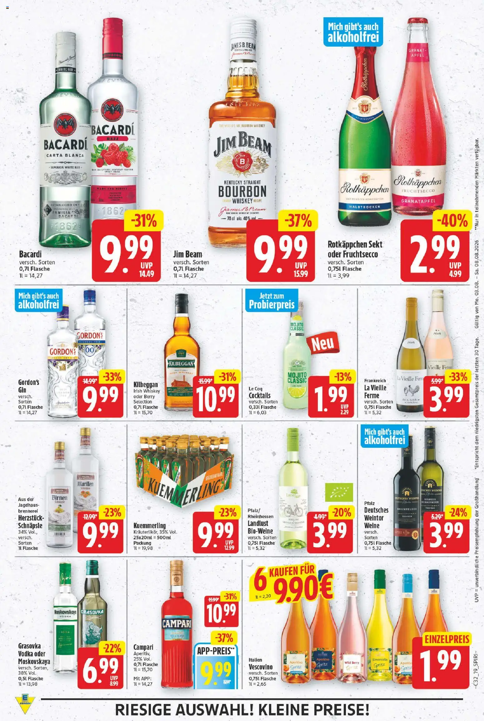 E center Prospekt – gültig ab 03.08.2026 | Seite: 19 | Produkte: Campari, Rotkäppchen, Bourbon, Whiskey