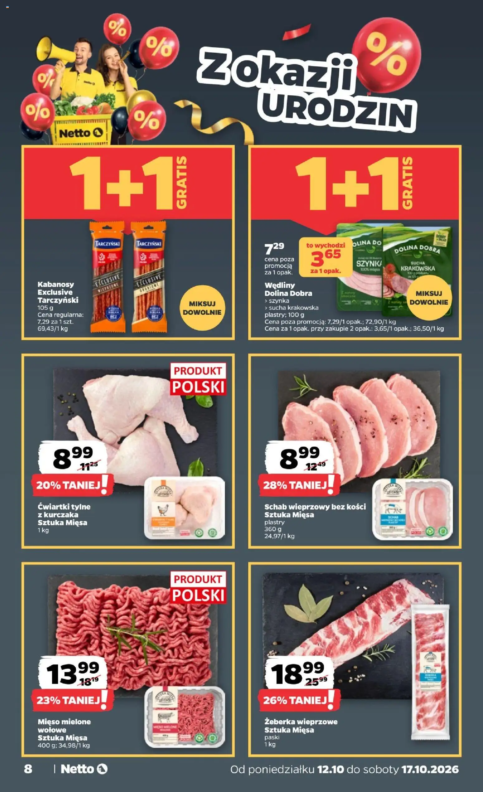 Netto gazetka od poniedziałku od 12.10.2026 | Strona: 8 | Produkty: Żeberka wieprzowe, Schab wieprzowy bez kości, Mięso mielone, Wędliny