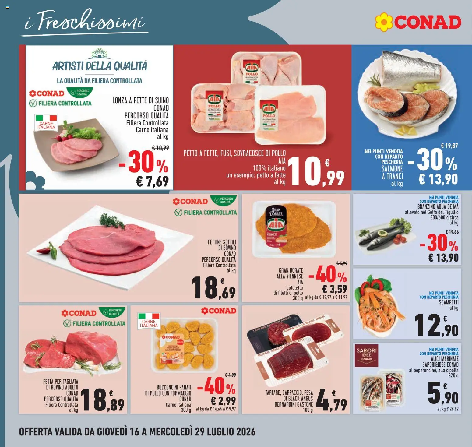Volantino Conad del 16/07/2026 | Pagina: 14 | Prodotti: Bovino, Salmone, Branzino, Alici