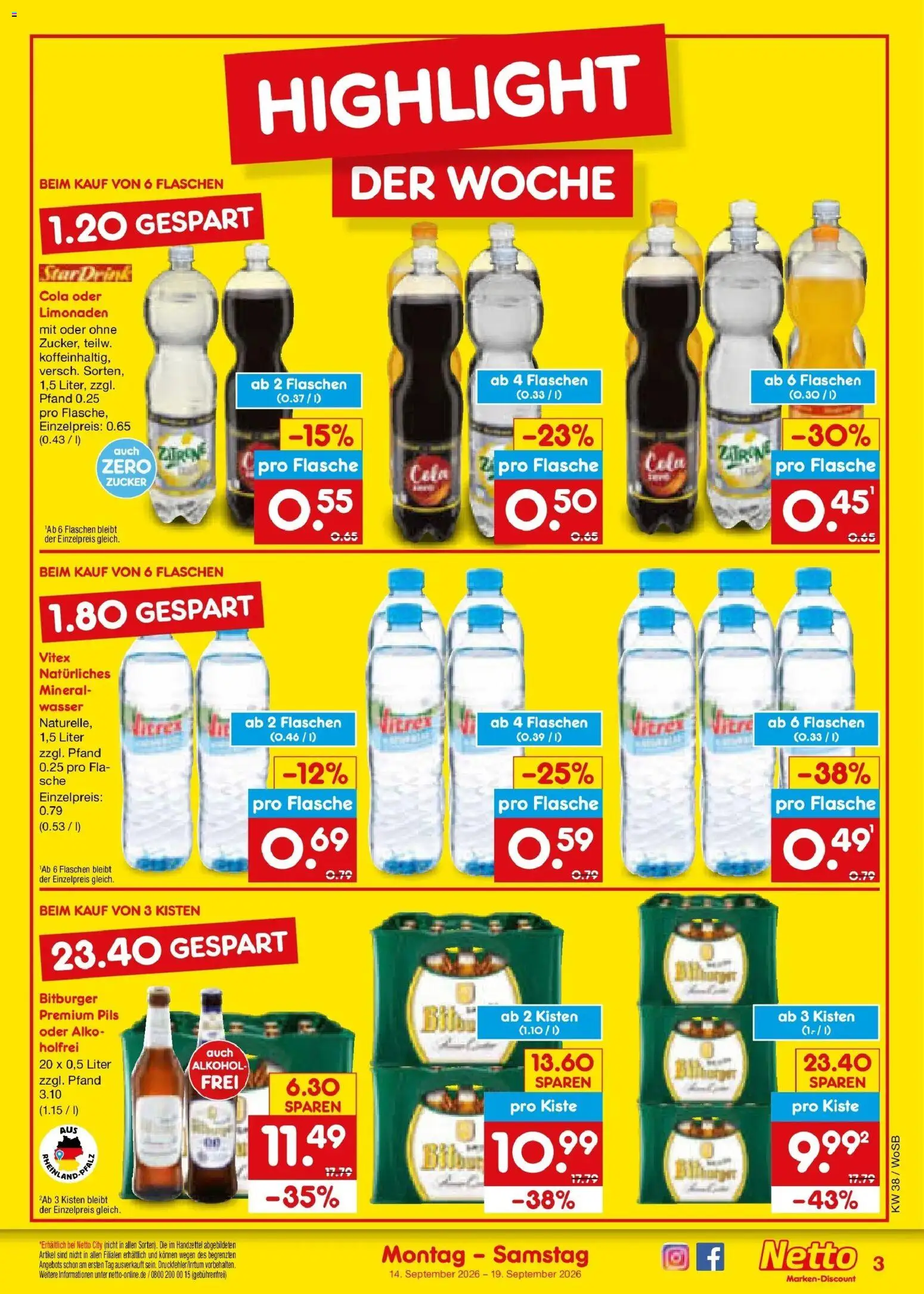 Netto Marken-Discount Prospekt Ludwigshafen-Edigheim – gültig ab 14.09.2026 | Seite: 3 | Produkte: Cola, Pils, Wasser, Alkohol