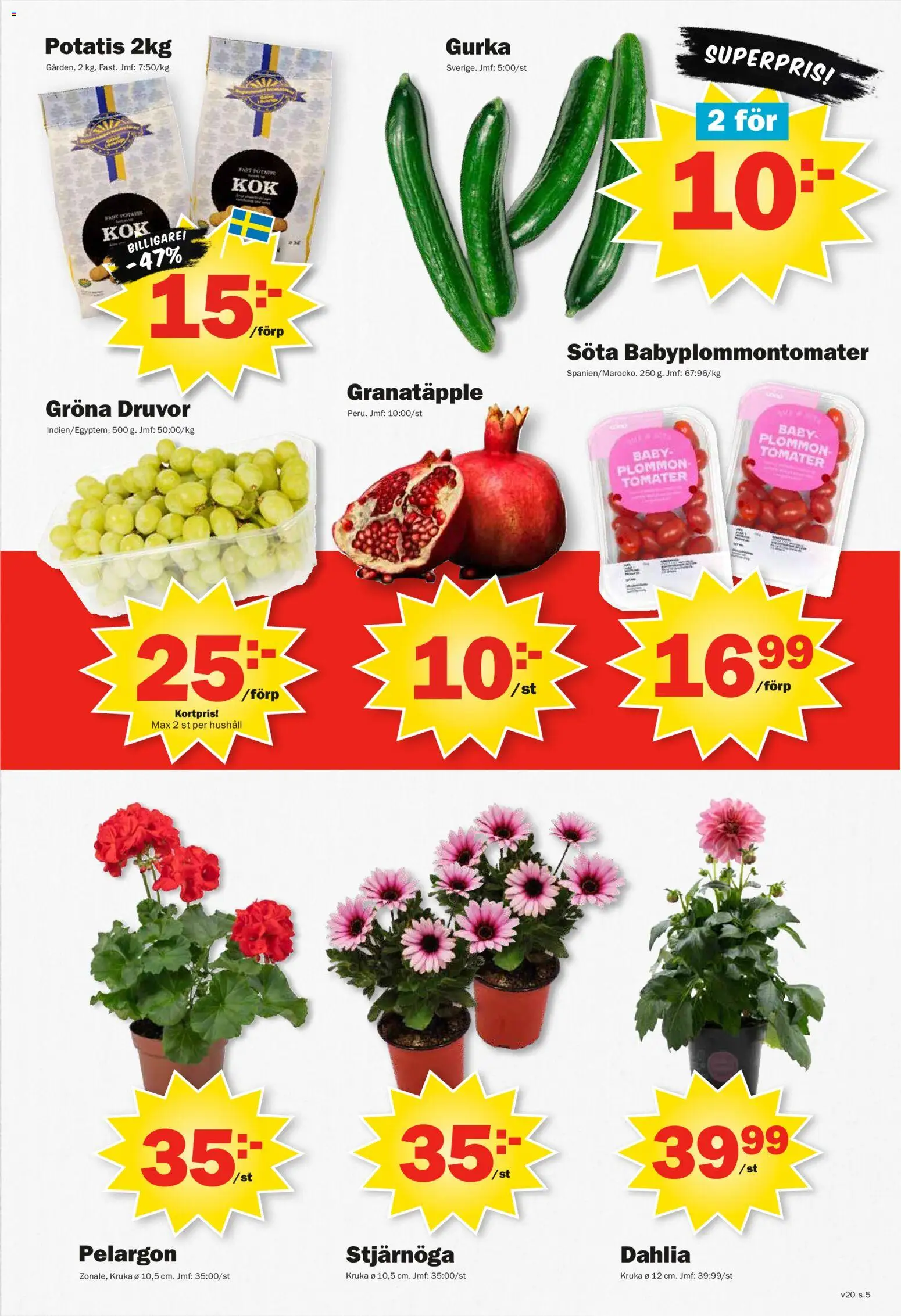 Pekås reklamblad aktuell från 11.05.2026 | Sida: 5 | Produkter: Plommon, Tomater, Potatis, Gurka
