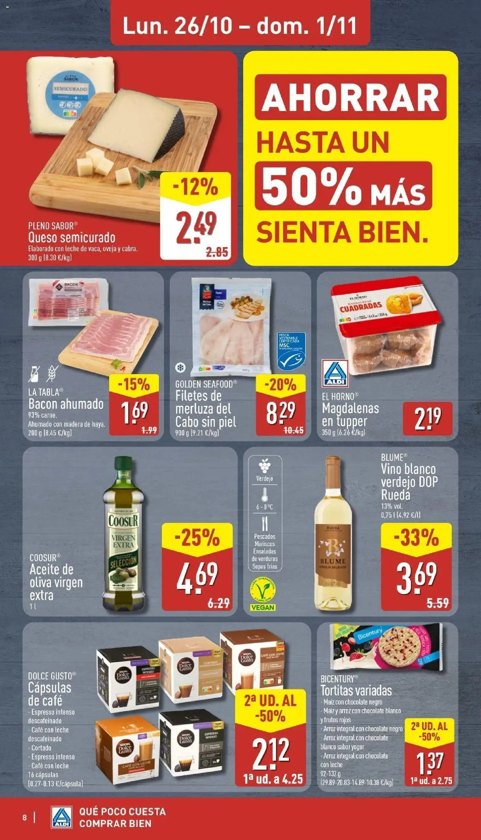 Aldi - Qué poco cuesta comprar bien │ válido desde el 26/10/2026 | Página: 8 | Productos: Tortillas, Chocolate, Aceite de oliva, Muffins
