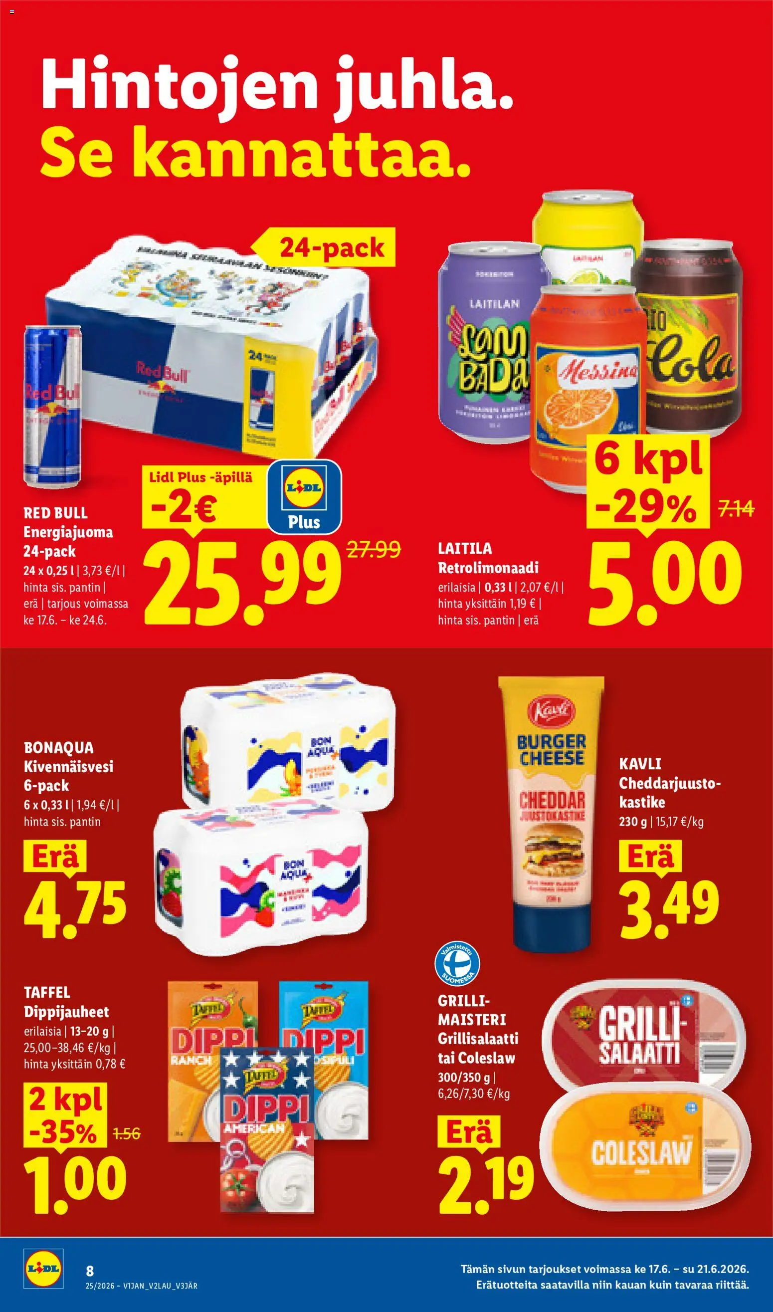 Lidl tarjoukset – voimassa 17.06.2026 alkaen | Sivu: 8 | Tuotteet: Grilli, Cheddar, Energiajuoma, Salaatti