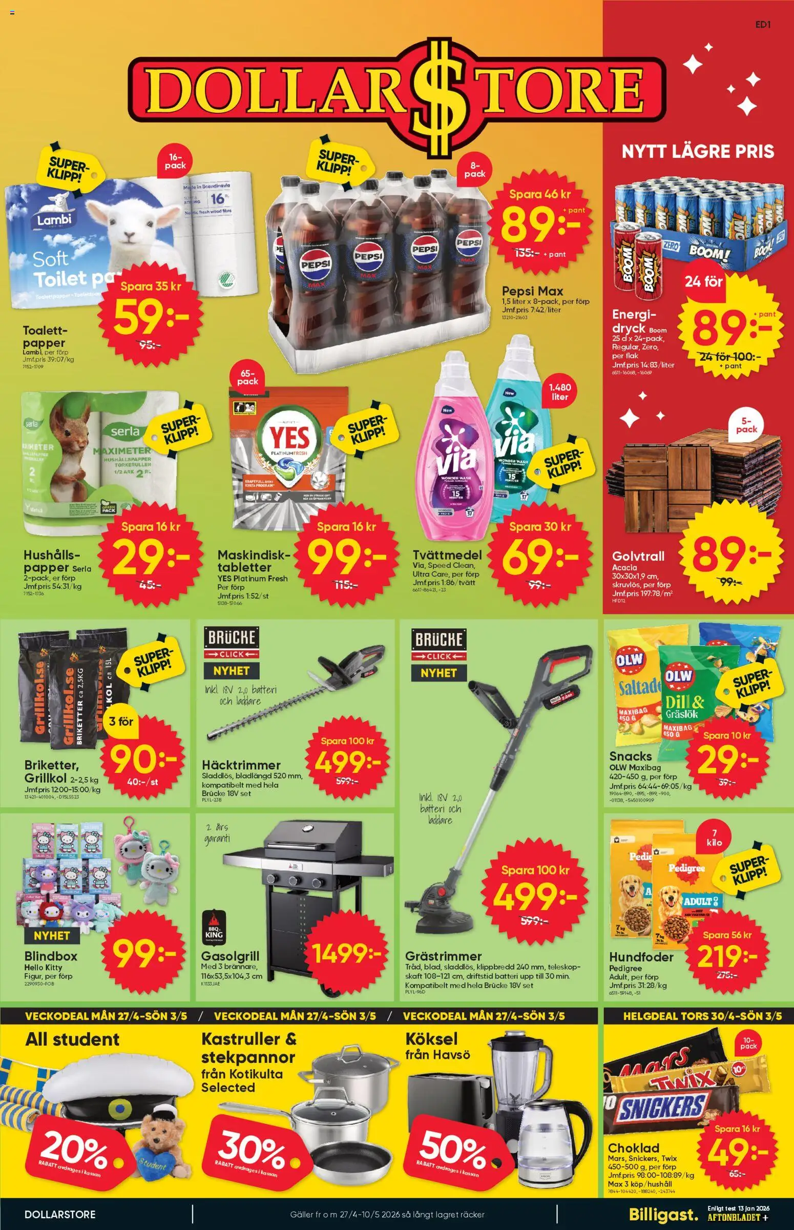 Dollar Store reklamblad aktuell från 27.04.2026 | Sida: 1 | Produkter: Briketter, Pepsi, Choklad, Papper
