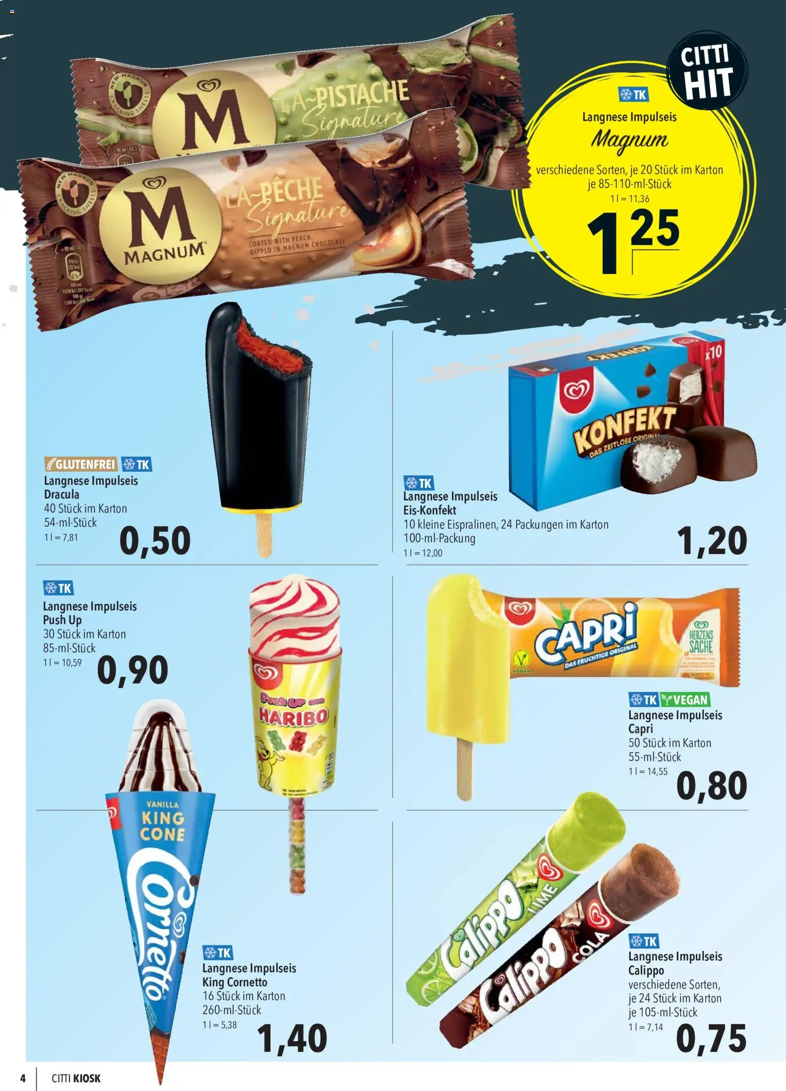 CITTI Markt Kioskwerbung – gültig ab 01.07.2026 | Seite: 4 | Produkte: Langnese, Haribo, Cola