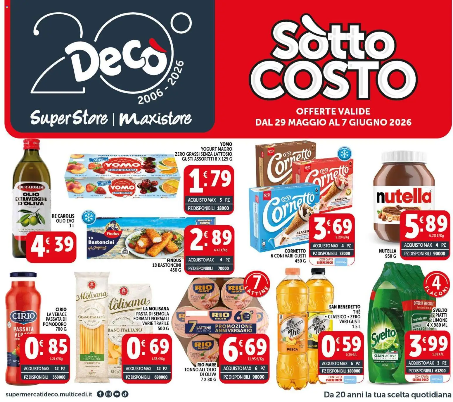 Volantino Decò del 29.05.2026 | Pagina: 1 | Prodotti: Cornetto, Olio, Pesca, Nutella