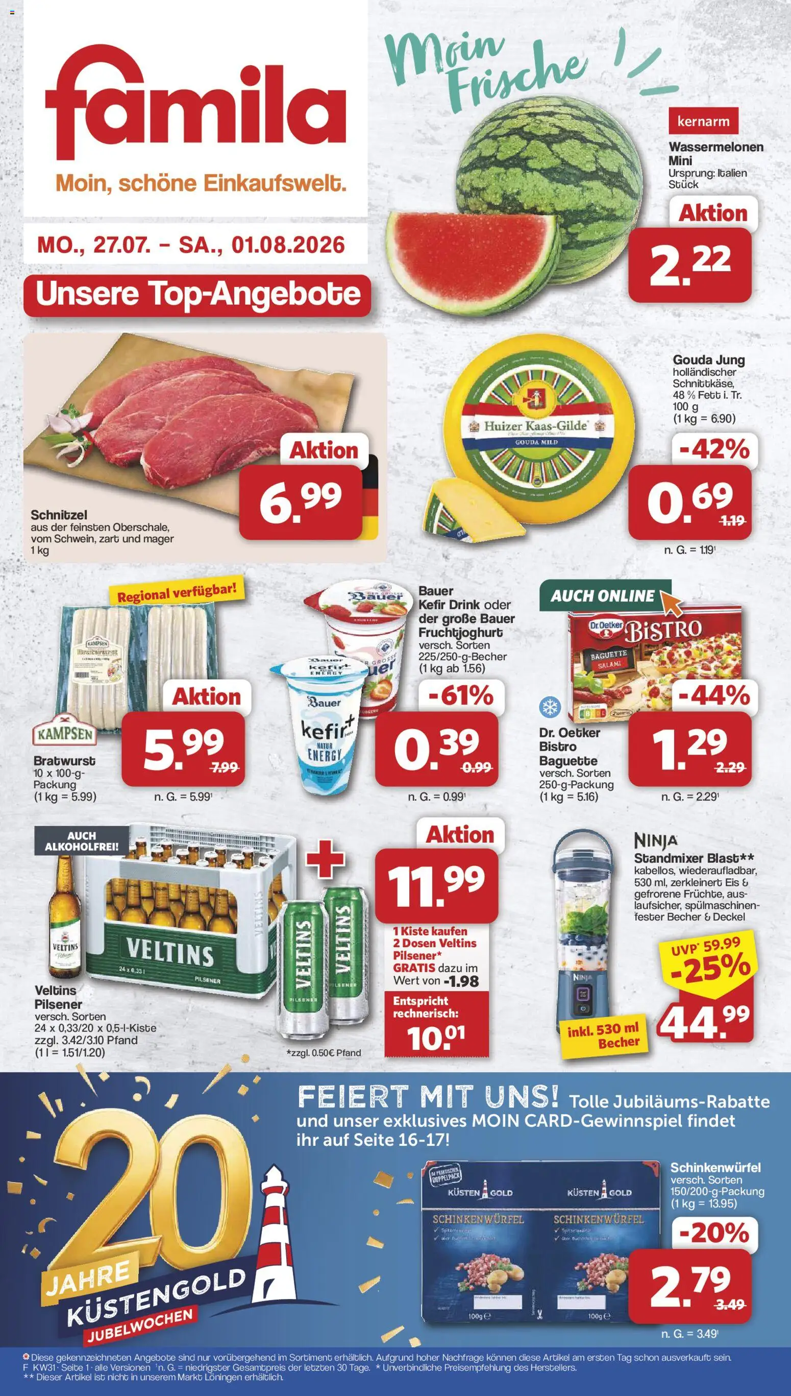 Famila Nordwest Prospekt – gültig ab 27.07.2026 | Seite: 1 | Produkte: Gouda, Bratwurst, Fruchtjoghurt, Veltins
