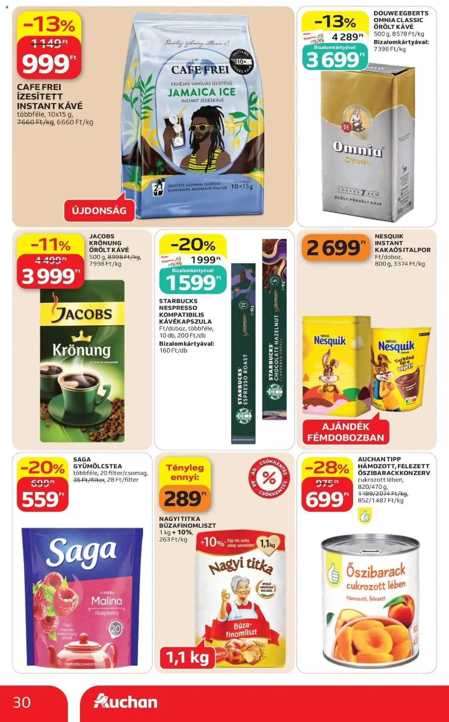 Auchan akciós ujság - amely érvényes a következő dátumtól: 14.05.2026 | Oldal: 30 | Termékek: Gyümölcstea, Őrölt kávé, Instant kávé, Italpor